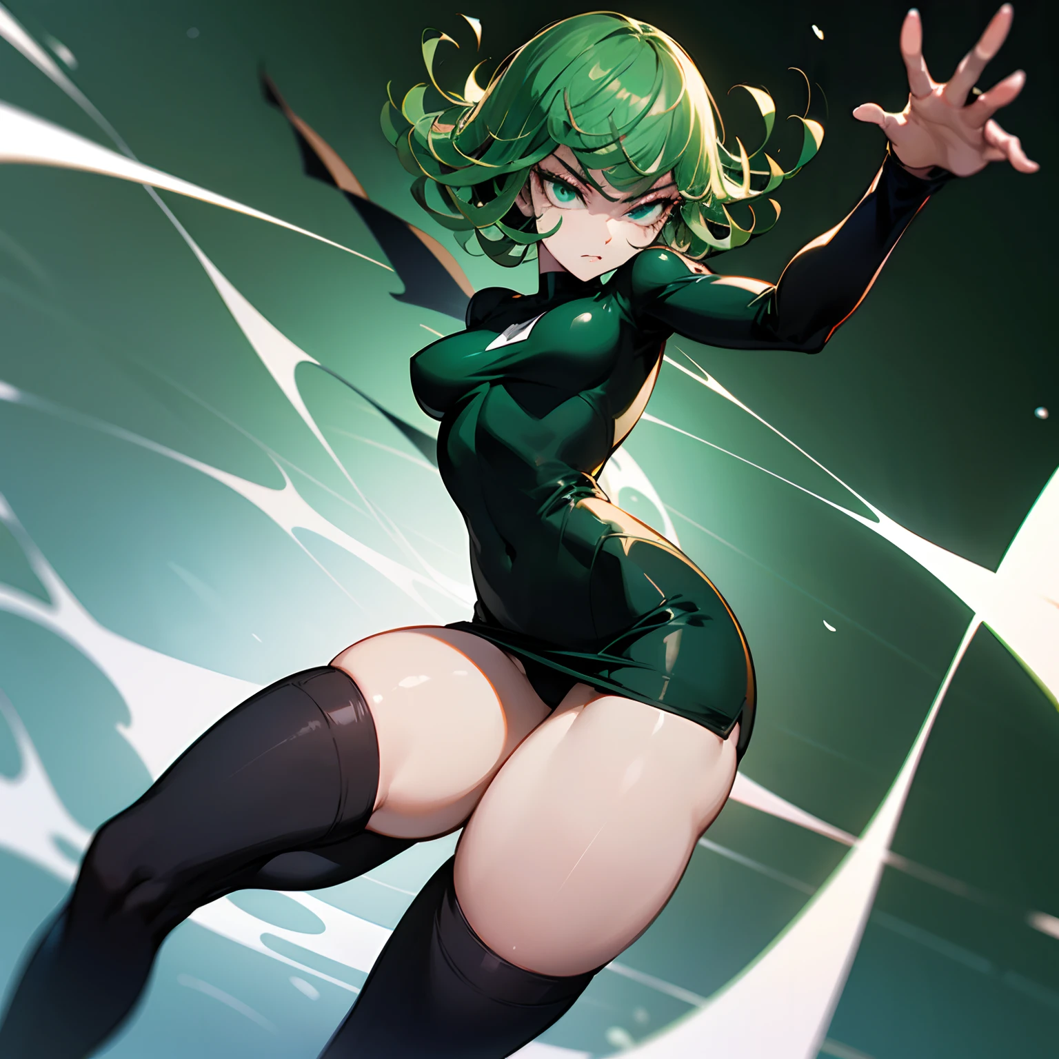 (tatsumaki from one punch man), thick thighs, powerful imagery, ultra, detailed, unreal engine 5, thigh highs, rich colors, tokyo, short hair, bikini, thigh indentation, sexy figure, (detailed) (wallpaper) (cinematic lighting) (sharp focus) (intricate), RAW, tatsumaki from one punch man, tatsumaki, tatsumaki with green curly hair, villain pose, badass pose, neferpitou, villainess, succubus in tight short dress, evil pose, high quality colored sketch, fubuki, rogue anime girl, menacing pose , solo, thick thighs , 4K, 8K