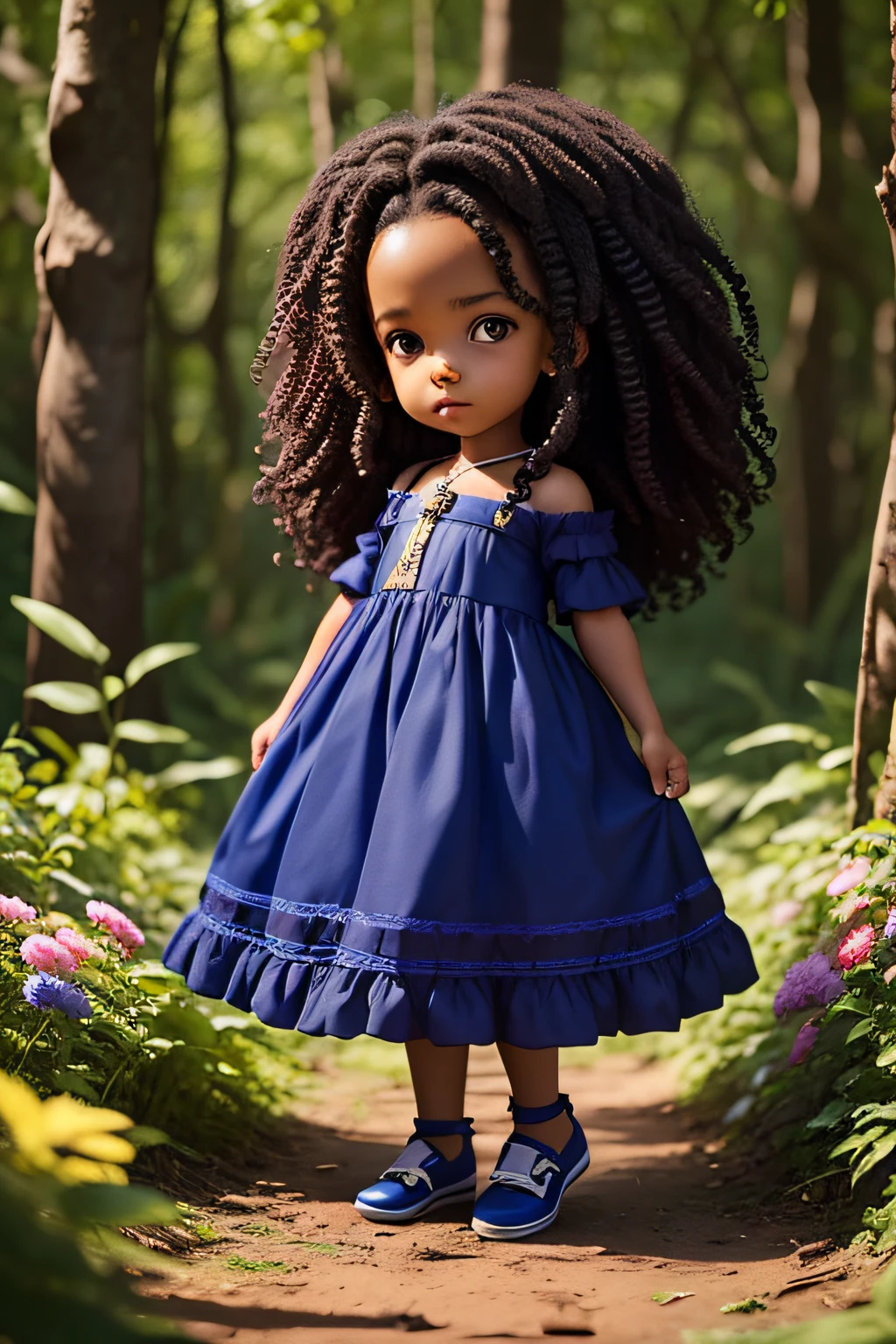 children black girl, curly hair, black eyes, brazilian, wearing a blue princess dress, , standing in a forest with flowers