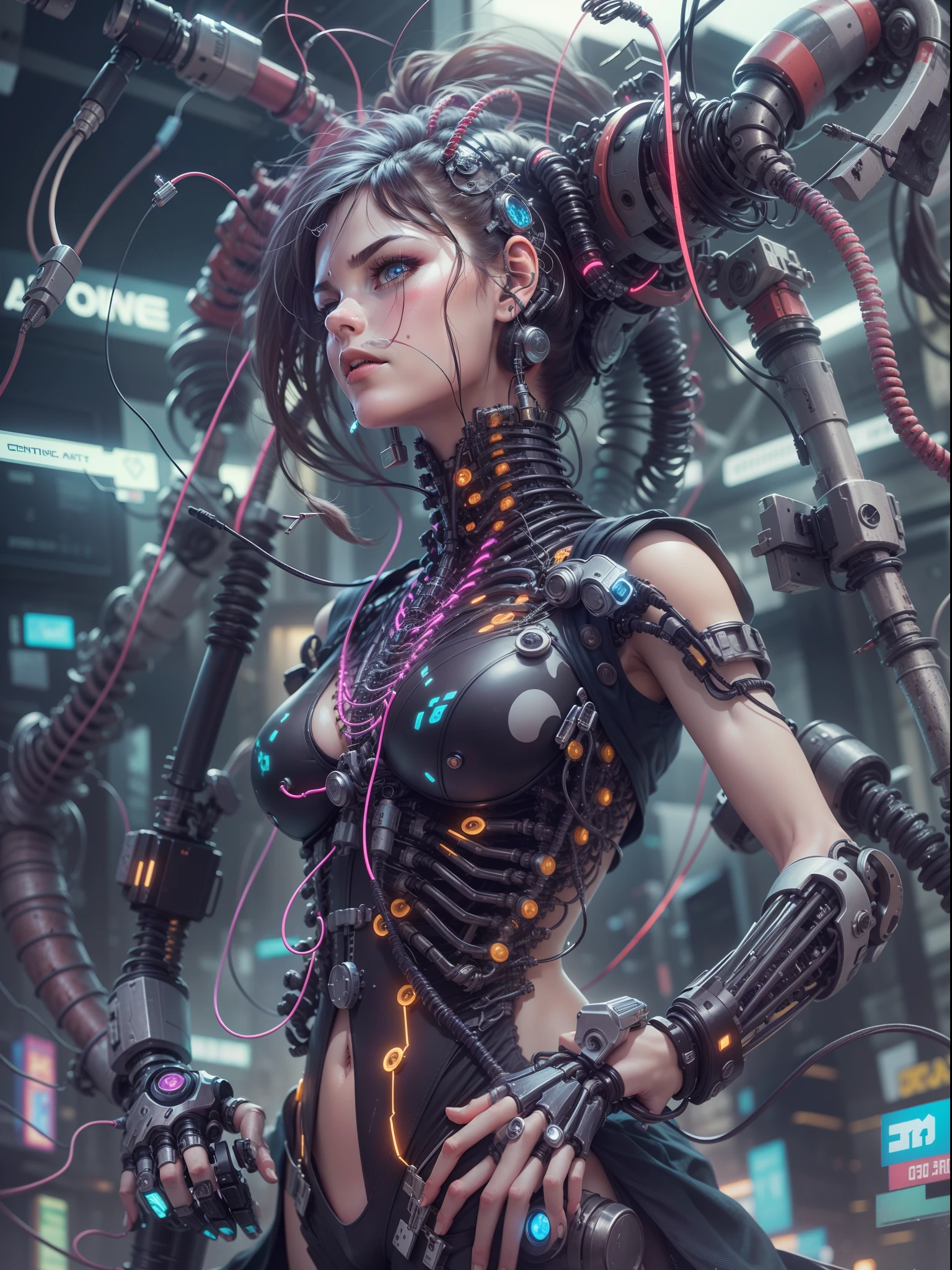((extremely delicate and beautiful cybernetic girl)), ((mechanical limbs)), (blood vessels connected to tubes), (mechanical vertebrae), ((mechanical cervical attaching to neck)), (wires and cables attaching to neck:1.2), ((mass of wires and cables on head)), (character focus), (((dynamic pose))), ((cowboy shot)), (masterpiece), (((best quality))), ((ultra-detailed)), (highly detailed photorealistic CG illustration), cinematic lighting, science fiction, extremely detailed,colorful,highest detail, cyberpunk city background.