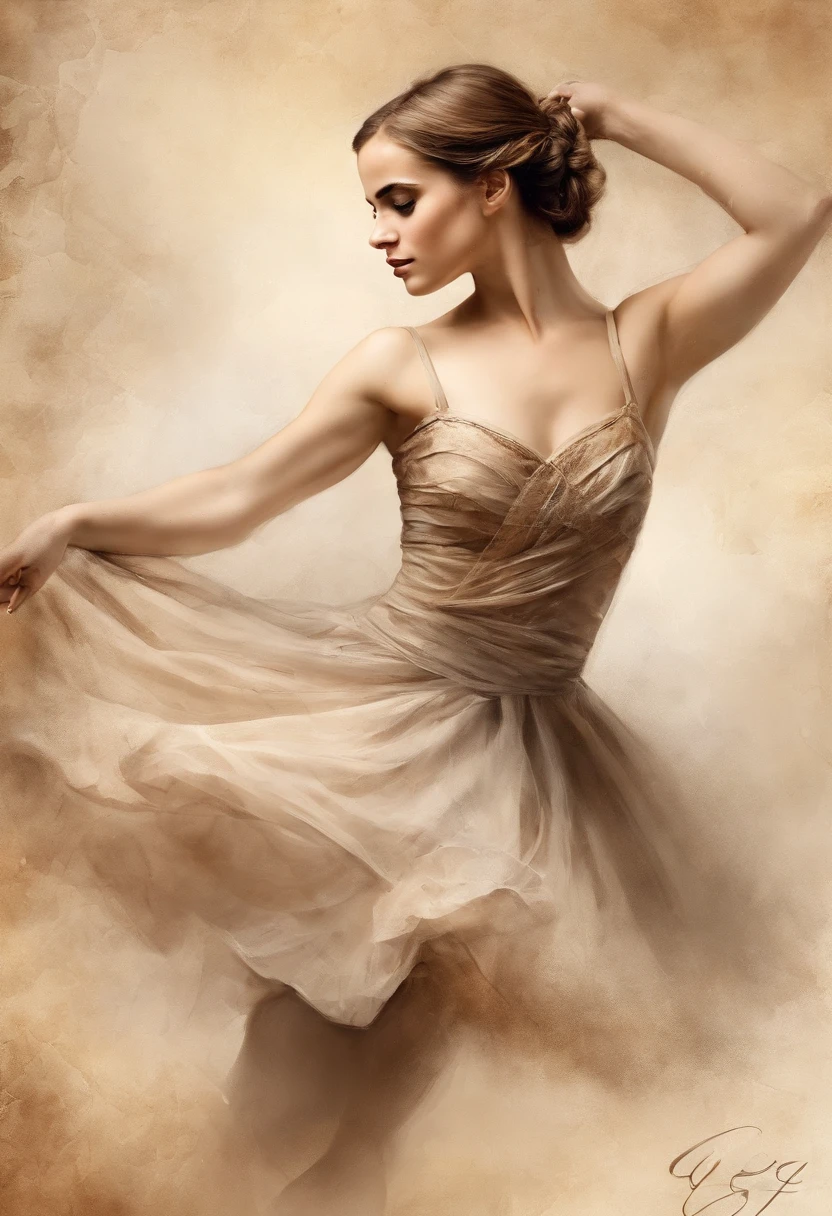 Young classical dancer, (Emma Watson), con una pose de ballet, Fondo de pantalla HD, color sepia, fondo de pantalla de alta calidad, photo session, ballet pose, Female 18 years old,, Retrato tirado 8 K, see-through dress, full body photo