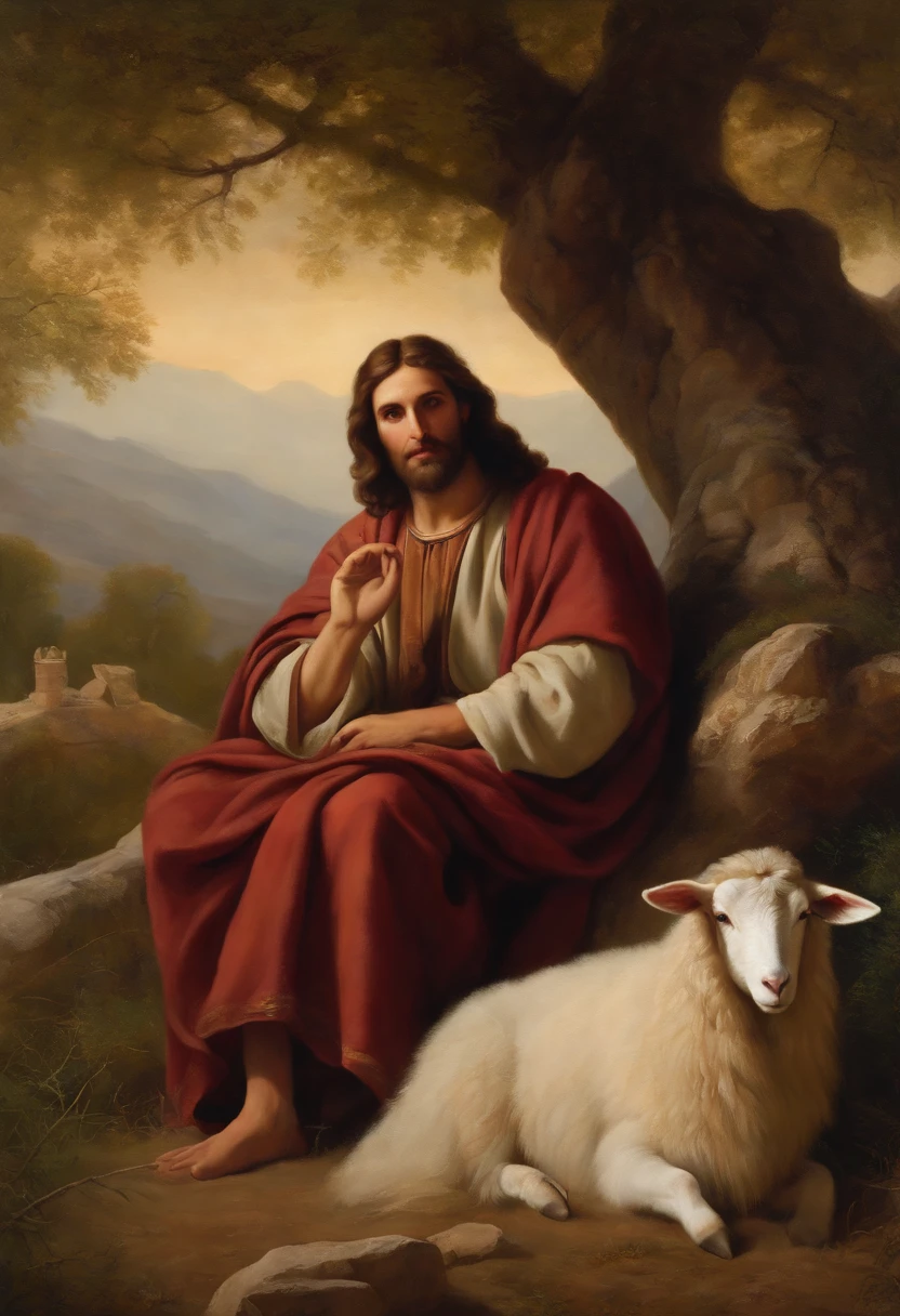 oil painting, old master jesus the good shepherd sitting under a tree in antique israel, with a lamb, stunning landscape, incredibly spellbinding magical fantasy, perfect composition, HD, sharp colors, breathtaking masterpiece, vivid, ornate, Caravaggio, extremely detailed, ultra 8k resolution, cinematic, dramatic by thomas kinkade