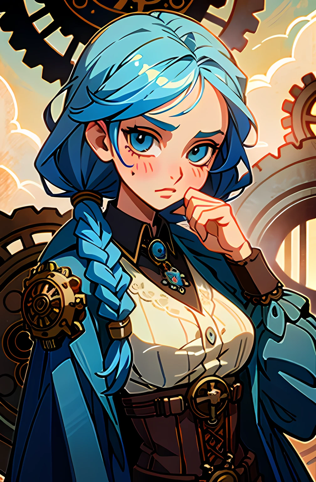 (best quality, masterpiece), 1girl, blue hair, braids, steampunk, gears, cloudy sky, sexy, string, tight