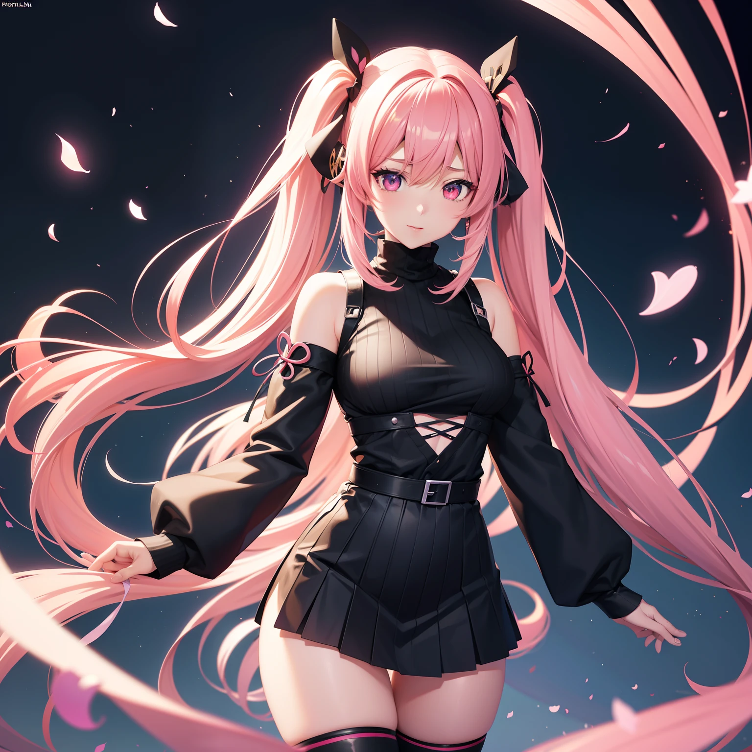 long hair with pink twin tails、Black jumper、Black miniskirt、full bodyesbian、Will, Detailed Digital Anime Art, digital anime art, cute detailed digital art, anime fantasy illustration, Premium Digital Anime Art, digital art in anime style, Anime Style 4k, Beautiful Anime Portrait, digital anime illustration, 2.5D CGI anime fantasy artwork, anime art wallpaper 4k