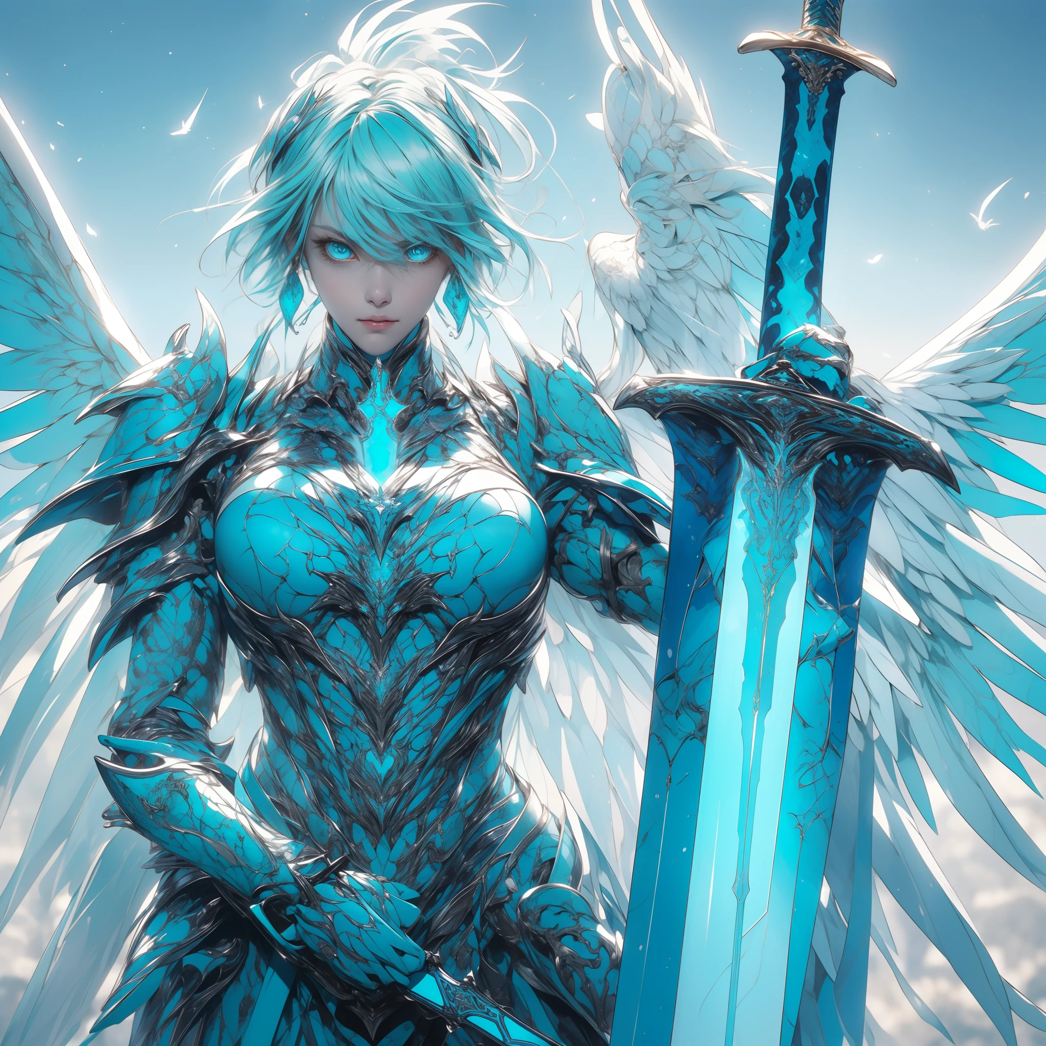 (hailoknight, Solo, 1girl wearing blue armor, beautiful turquoise eyes, long white hair, turquoise wings, holding giant turquoise energy sword infront of her, holding sword:1.3), (simple glowing background:1.25)masterpiece, best quality, wide-angle, Hyperdetailed, masterpiece, best quality, 8k, natural lighting, soft lighting, sunlight, HDR (High Dynamic Range), Maximum Clarity And Sharpness, Multi-Layered Textures