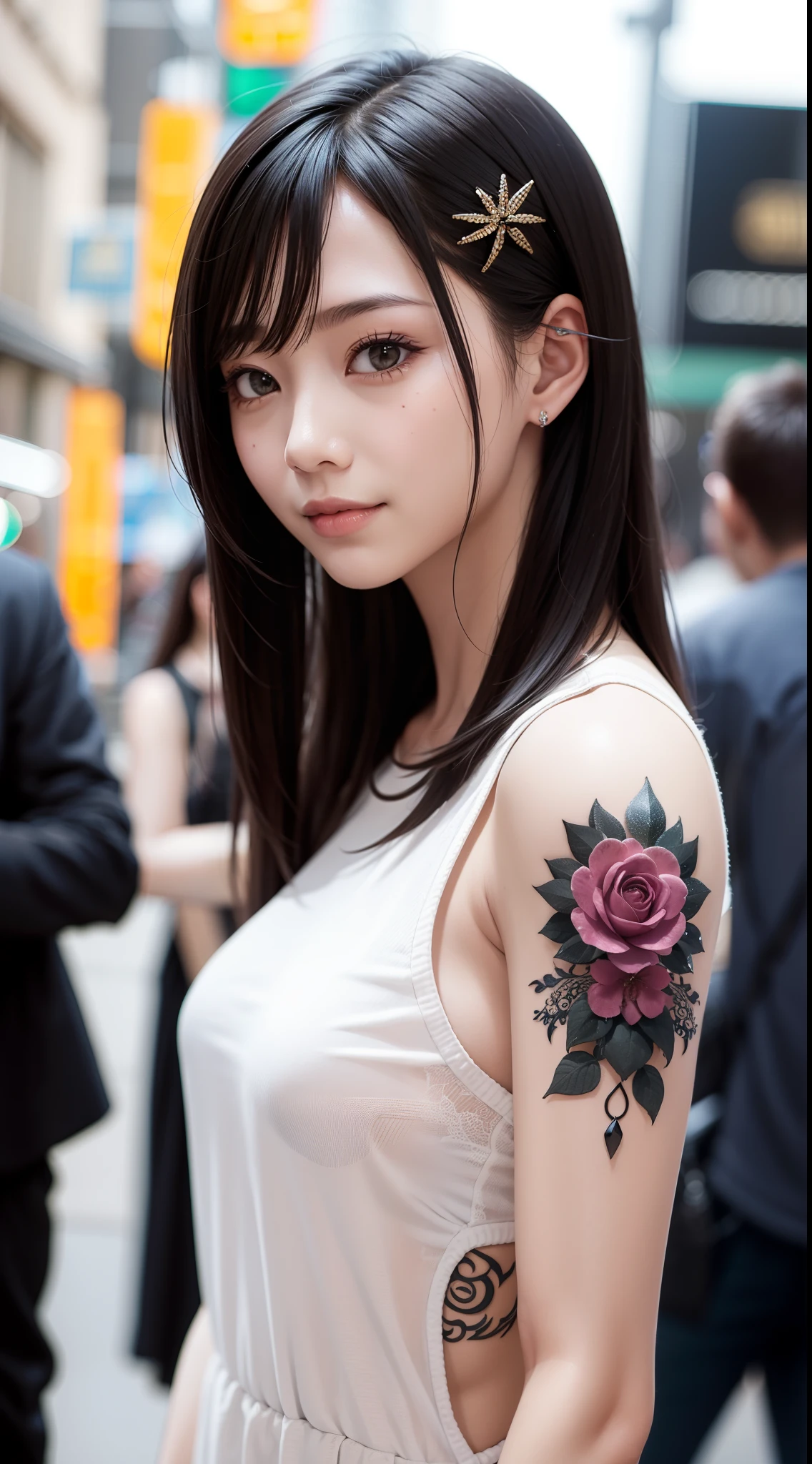 Full of tattoos、Street Fashion、Gentle smile、short-cut、very cool、Futuristic and luxurious hair ornament、The upper part of the body