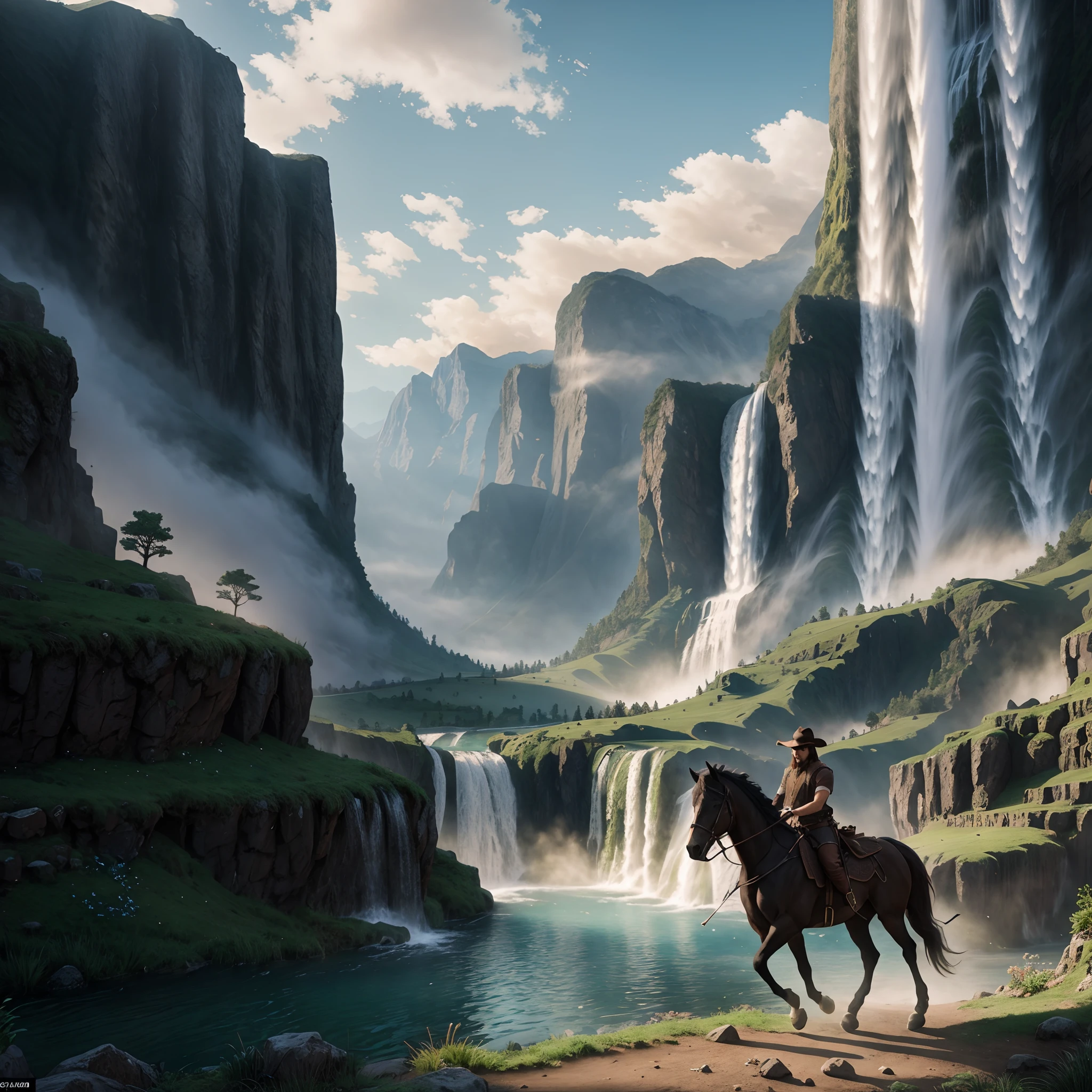 There is a man riding a horse on the path in front of the valley waterfall, 8 k matte painting, 8k matte painting, 3 d render and matte painting, matte painting in fantasy style, high quality matte painting, 4 k matte painting, epic cinematic matte painting, highly detailed matte painting, 3d rendered matte painting, Cinematography concept art