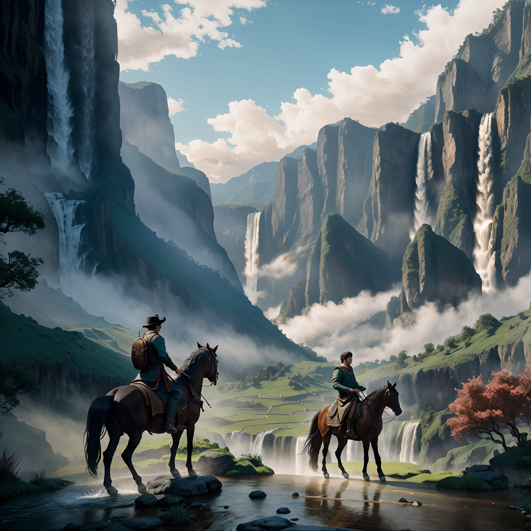 There is a man riding a horse on the path in front of the valley waterfall, 8 k matte painting, 8k matte painting, 3 d render and matte painting, matte painting in fantasy style, high quality matte painting, 4 k matte painting, epic cinematic matte painting, highly detailed matte painting, 3d rendered matte painting, Cinematography concept art