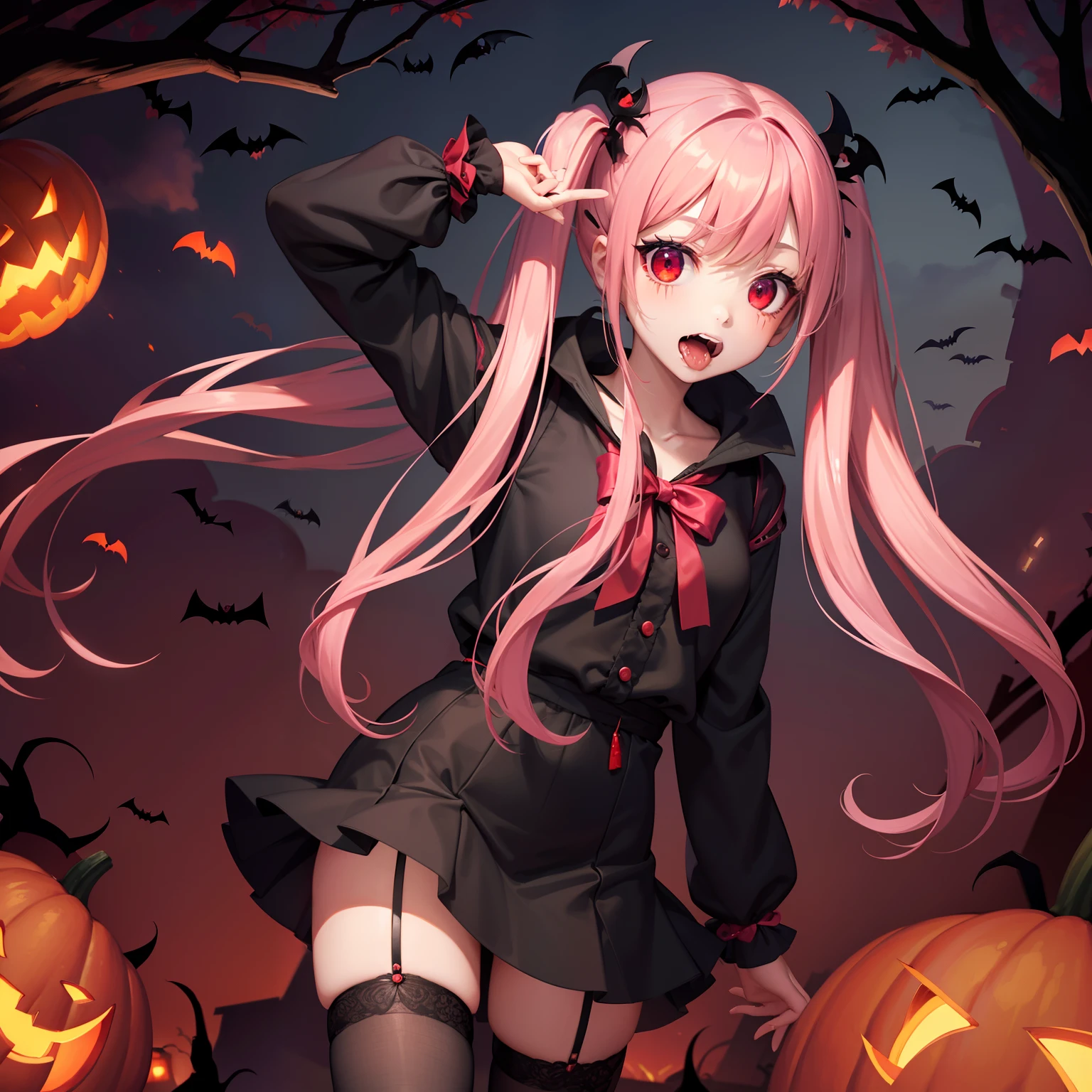 Halloween , Vampire、a cool、a miniskirt, long hair with pink twin tails,,,,,, Looking at the viewer, Front view,Halloween Vampire Costumes、tusk、Red Eyes、Blood from the mouth、the bats、Vampire House、Pumpkin ke、Oba
