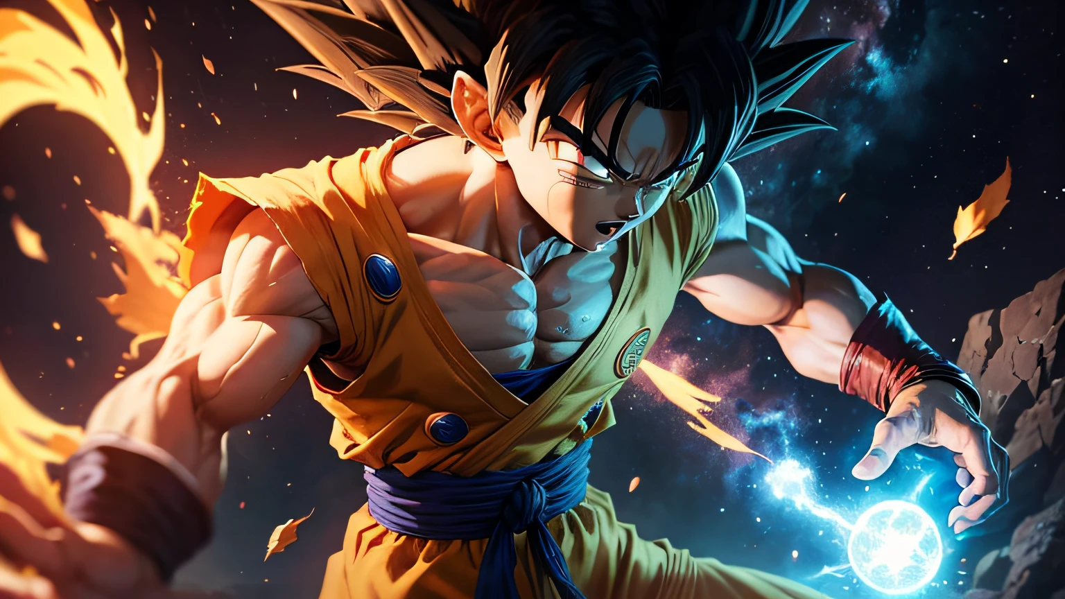 Son Goku (Dragon ball): of superheroes facing cosmic challenges, in an epic battle, releasing his blue energy by the hand,