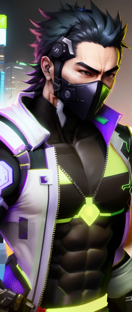 Ninja cyberpunk, Genji Overwatch with exaggerated physique, full of muscles, Muscles are limited by Ninja's cyberpunk outfit
