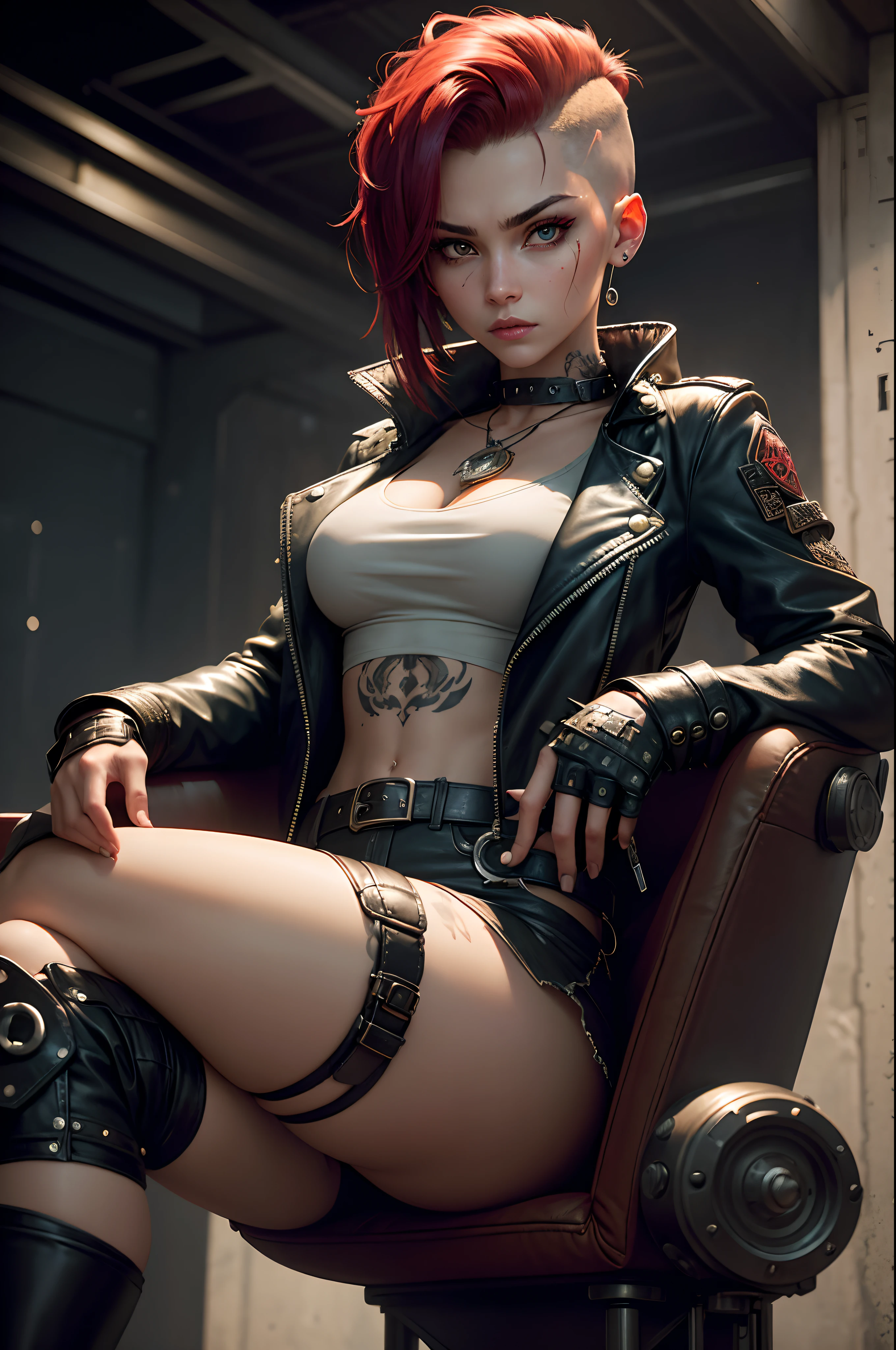 Photograph, a fierce young woman in her early twenties on a throne looking directly at the camera , sporting a rebellious undercut hairstyle with streaks of firey red. Her eyes are a piercing green that seem to question the status quo with every glance. Tattoos of cryptic symbols and constellations snake up her forearms, complementing the leather jacket that's practically her second skin. She often wears fingerless gloves and military boots, gear that serves her well whether she's navigating a dystopian wasteland or an enchanted forest. Around her neck, she wears a pendant of a half of a broken gear, Legs spread,