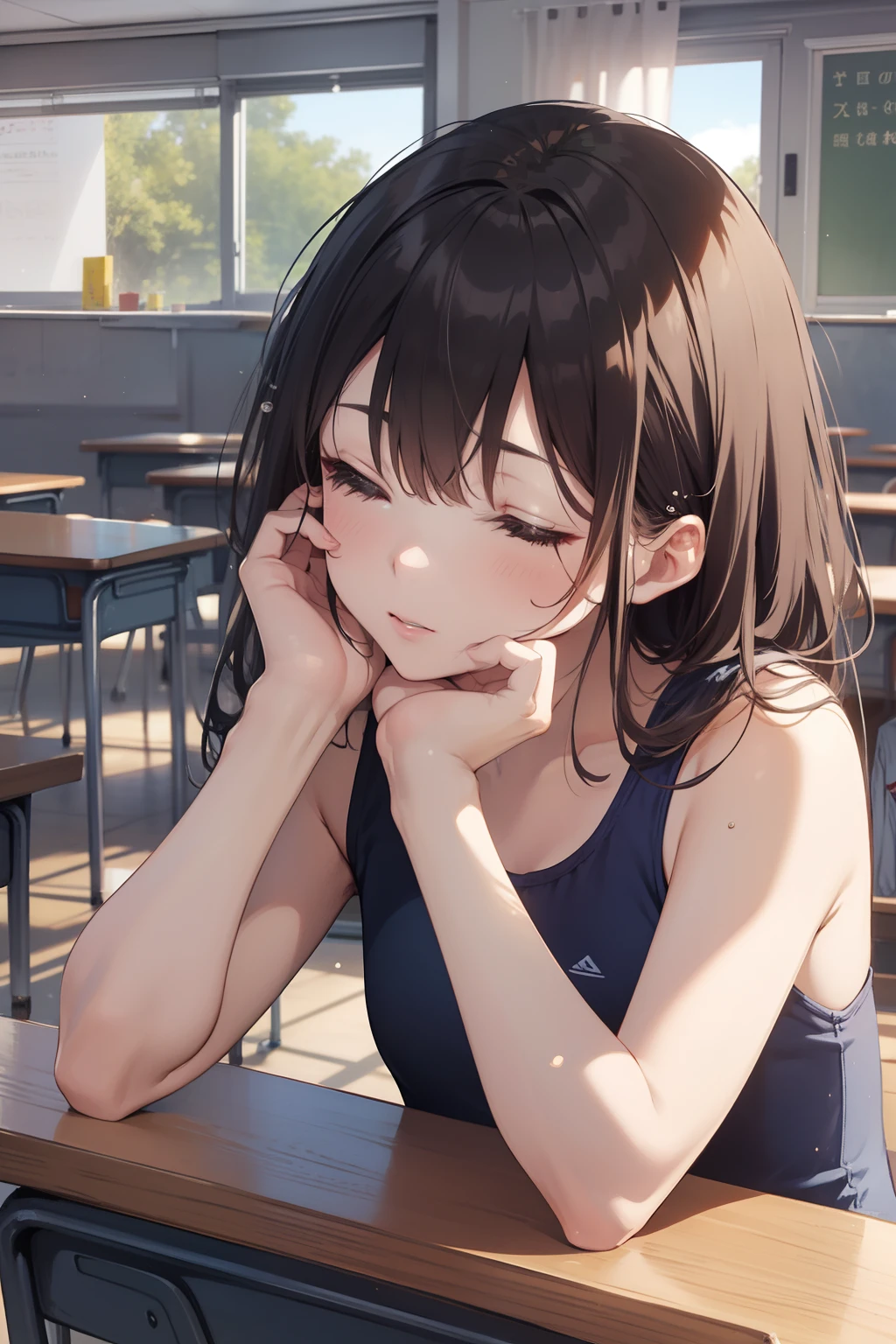 top-quality、Full limbs、complete fingers、Slender beauty、closing eye、Sleeping、the kiss、1 persons、School swim wear、swim wears、‎Classroom