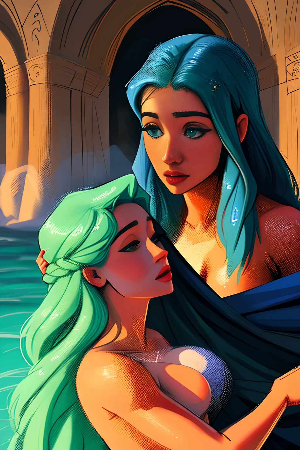 duas s Virginia otis e eleonora pavinato,(Virginia Otis, de 14 anocabelos loiros, olhos azuis;) com (14 anos Eleon Pavinato olhos verde-escuros cabelos castanhos), celebrate a ritual in honor of the Goddess Freya. High quality erotic drawing, 8k, Cinematic light, show also the followers of the Goddess Freya. Eles usam capas com capuzes, but underneath they are all naked, caverna, Braseiros, altar com druida, vestais extremamente detalhado,  
