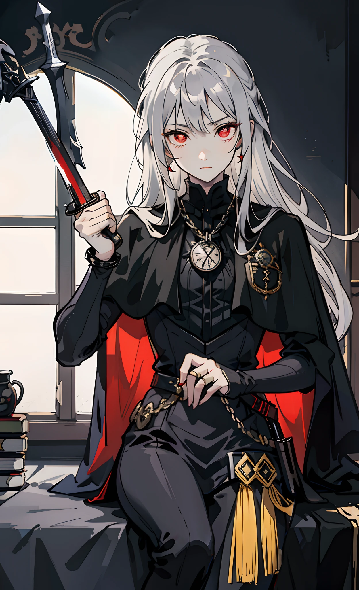 vertical painting,sitting in window,silver hair,long hair,red eyes,black capelet,chained,pocket watch,crossed_legs,,symbol-shaped pupils,holding sword,book,anime face,shirt lift,fighting_stance,dark_persona,dusk,male,amazing,ring