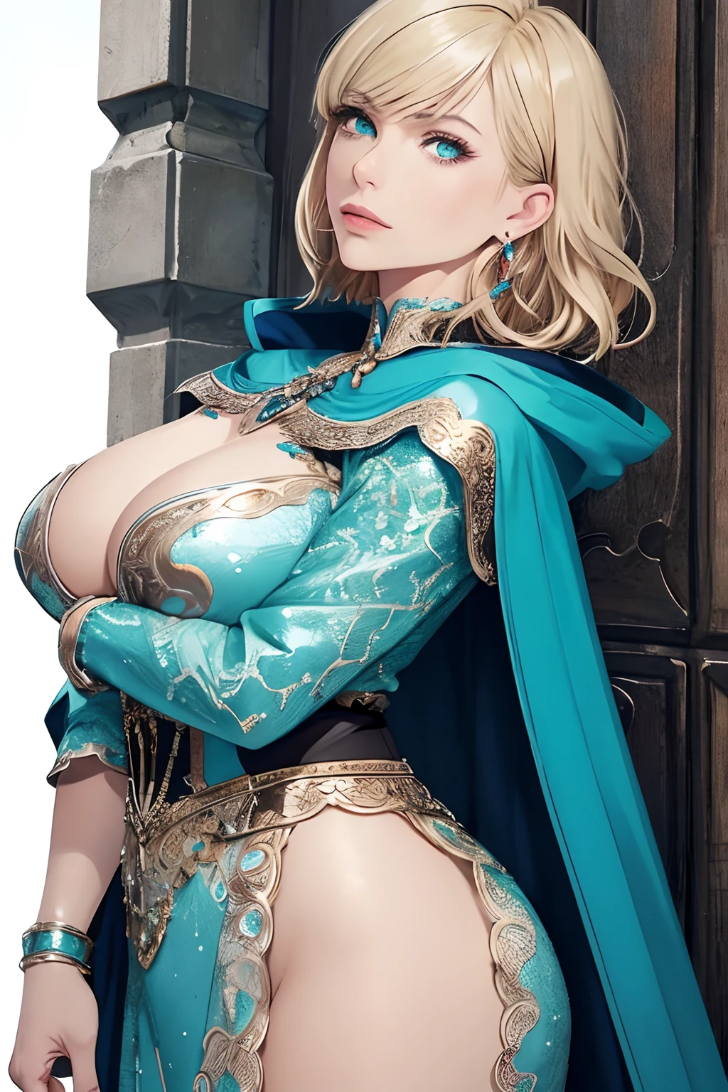 masterpiece, best quality, 1woman adult, older milf, solo, blonde hair, vibrant aqua eyes, medium hair with fringe, looking at viewer, cape, High quality metal texture, closed mouth, full body view, bangs, high collar,(kbxll:0.6), Fantasy aesthetics, fantasy earring, Highly detailed,