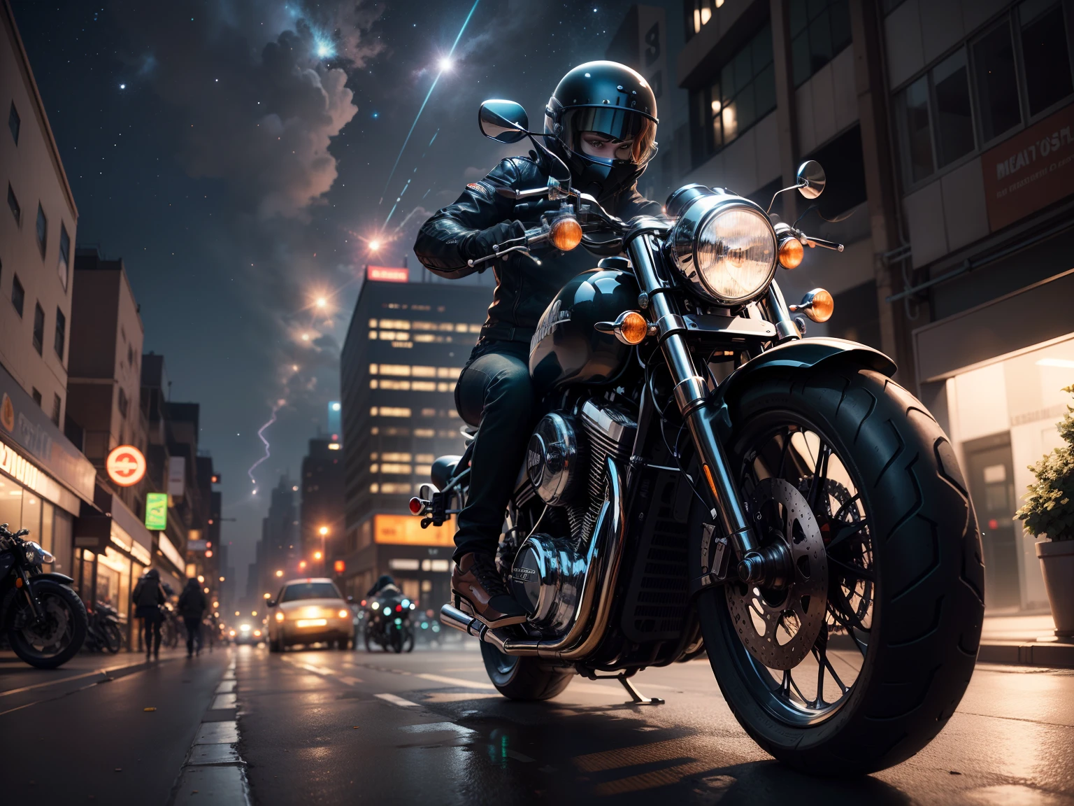 Create a highly detailed 8K representation of a motorcyclist riding a classic motorcycle through the streets of a futuristic metropolis. Highlight the starlight and dramatic shadows created by the cosmic dust hanging over the city."