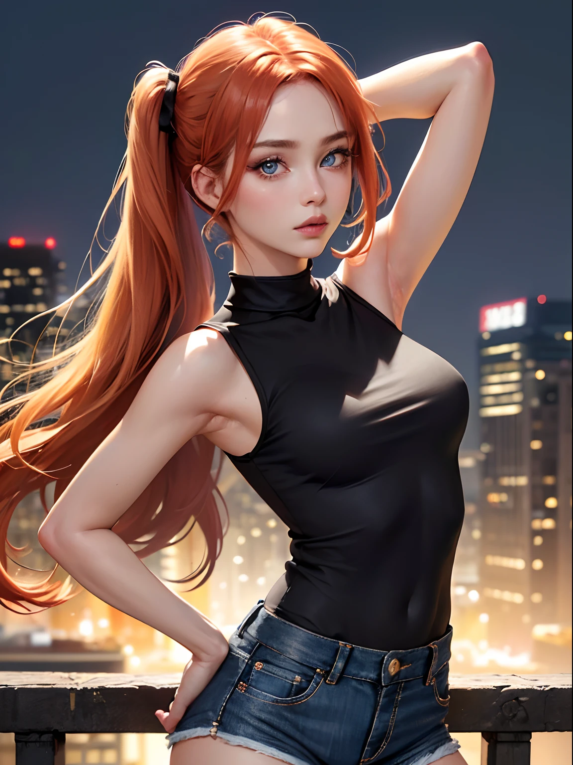 (8K, Highest quality, high resolucion, The ultra-Highres:1.1), the color palette is mainly dark, 1girl, (standing up), (posing), (german:1.2), (japanese:0.8), skinny, 23 years old, (one hand behind her own head:1.2), (night cityscape), (blurry background), (sleeveless black cotton t-shirt), (black denim shorts), (black clothes:1.1), (extremely detailed face), (extremely detailed eyes), focus on face and torso, (long ginger hair:1.2), twintails, blue eyes, (looking at viewer:2), Eyeshadow