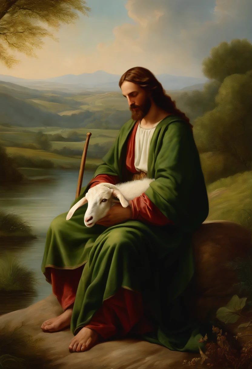 oil painting, old master jesus the good shepherd sitting close a river, big green field in antique israel, with a lamb, stunning landscape, incredibly spellbinding magical fantasy, perfect composition, HD, sharp colors, breathtaking masterpiece, vivid, ornate, Caravaggio, extremely detailed, ultra 8k resolution, cinematic, dramatic