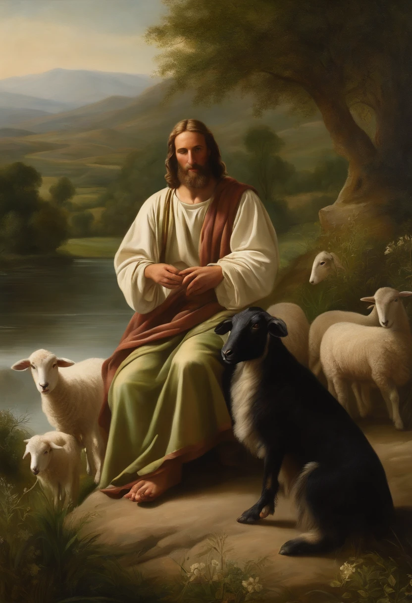 oil painting, old master jesus the good shepherd sitting close a river, big green field in antique israel, with a lamb, stunning landscape, incredibly spellbinding magical fantasy, perfect composition, HD, sharp colors, breathtaking masterpiece, vivid, ornate, Caravaggio, extremely detailed, ultra 8k resolution, cinematic, dramatic