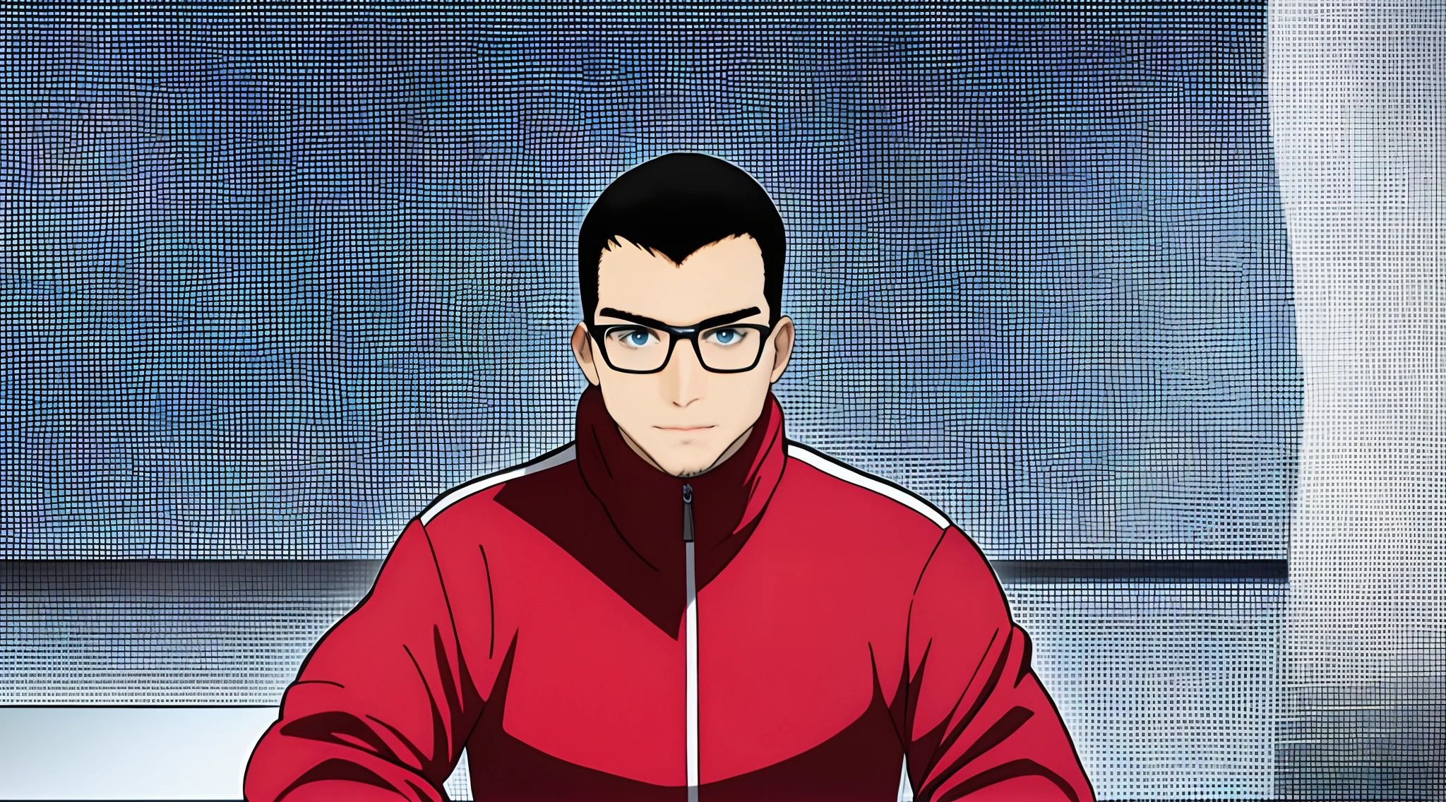 there is a man sitting at a table with, twitch streamer / gamer ludwig, programmer, profile picture 1024px, headshot profile picture, says "offline"on tracksuit, confident face, anime style, shaved, intelligent, glasses,