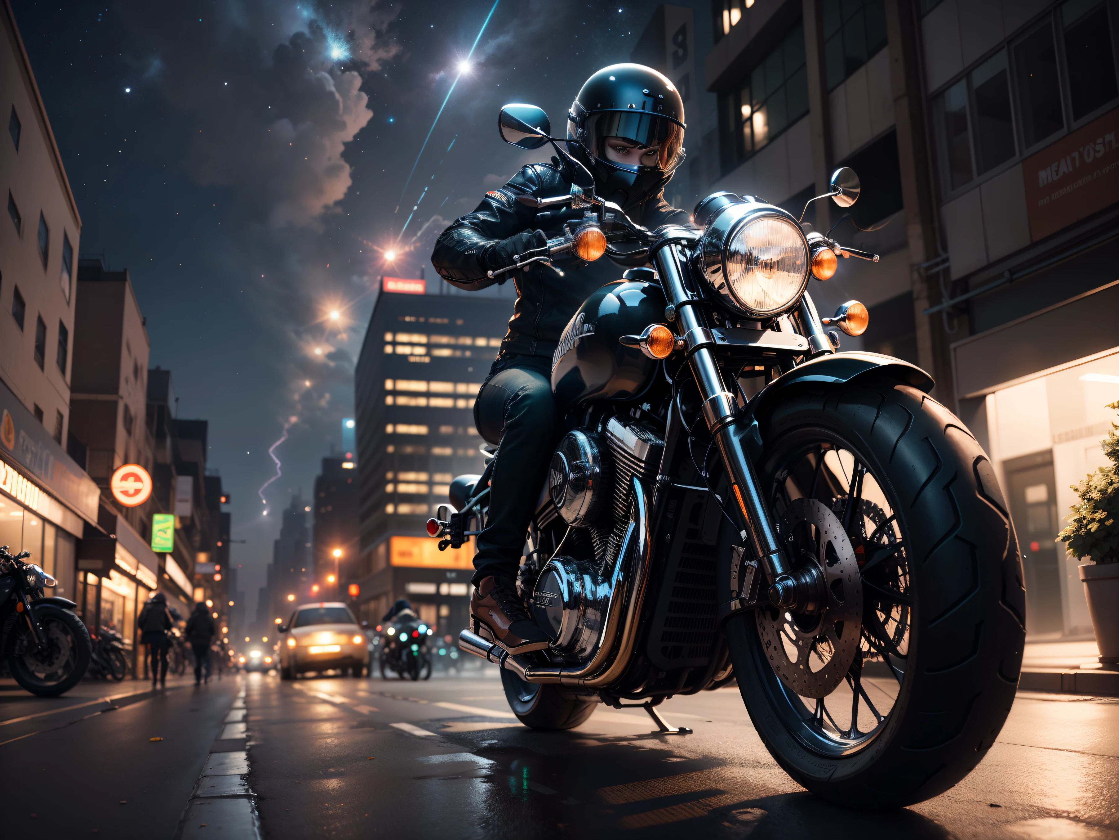 Create a highly detailed 8K representation of a motorcyclist riding a classic motorcycle through the streets of a futuristic metropolis. Highlight the starlight and dramatic shadows created by the cosmic dust hanging over the city."