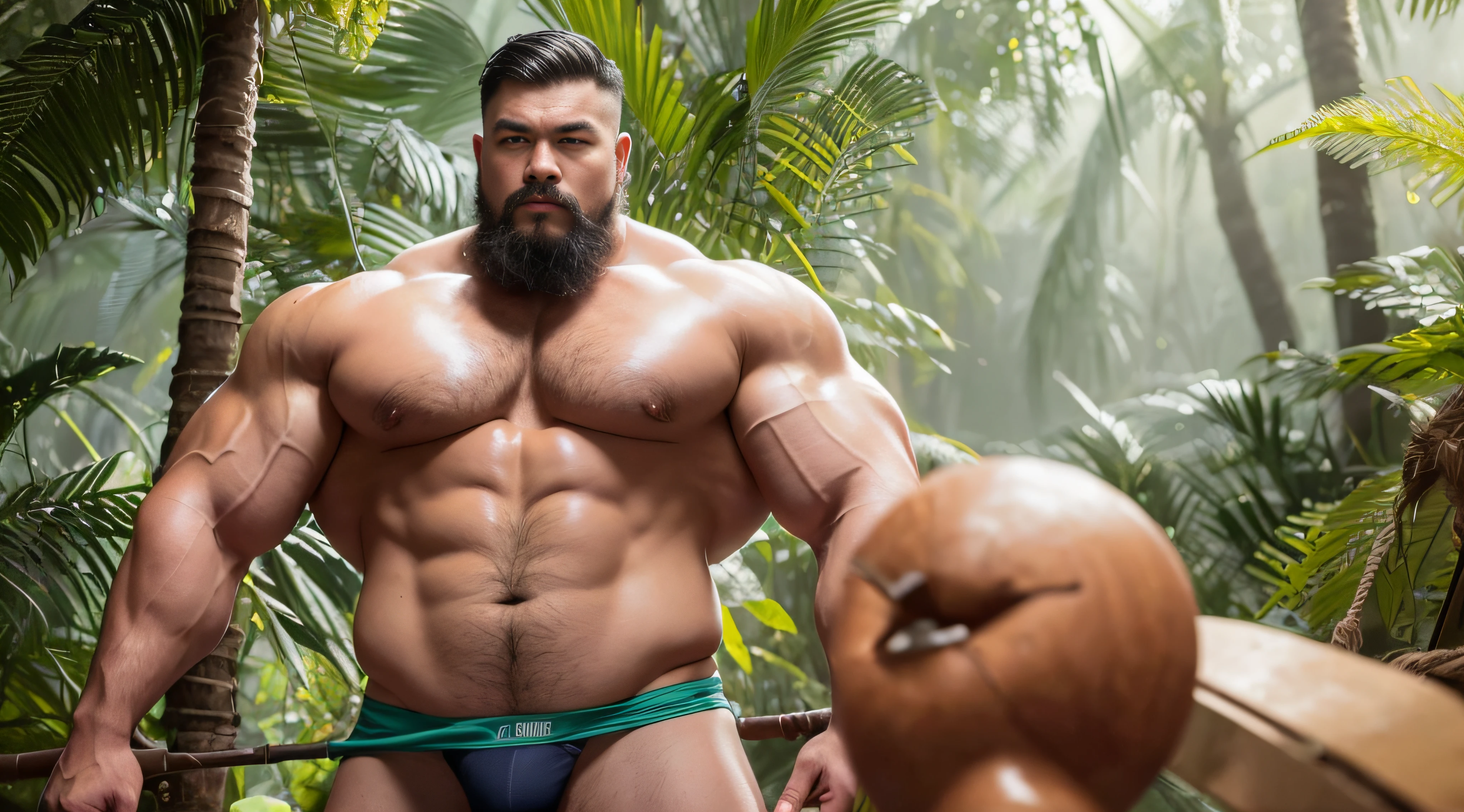 (Extremely detailed 8k wallpaper), A strong Chinese man,Stand in the rainforest,High detail, short detailed hair,short mustache,Wear white thongs,Perfect figure with tattoos, Very huge and strong body, Bulging muscles, musculous, Very large pectoral muscles,Very sexy abs,The legs are muscular,Tall and mighty,Exposed Body,Wear bright gold thongs,Tall and burly,toned figure,Huge genital bulging area,Brightens oily skin,Muscular,photo hyper realistic, artsy photography, oil on the canvas, hyper HD, 32K, super sharp focus,