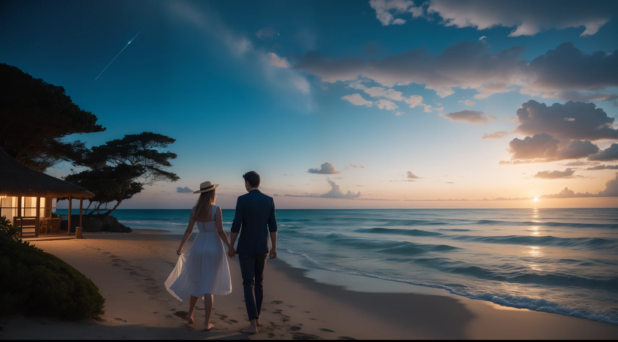 Lovers walking in beside the ocean 