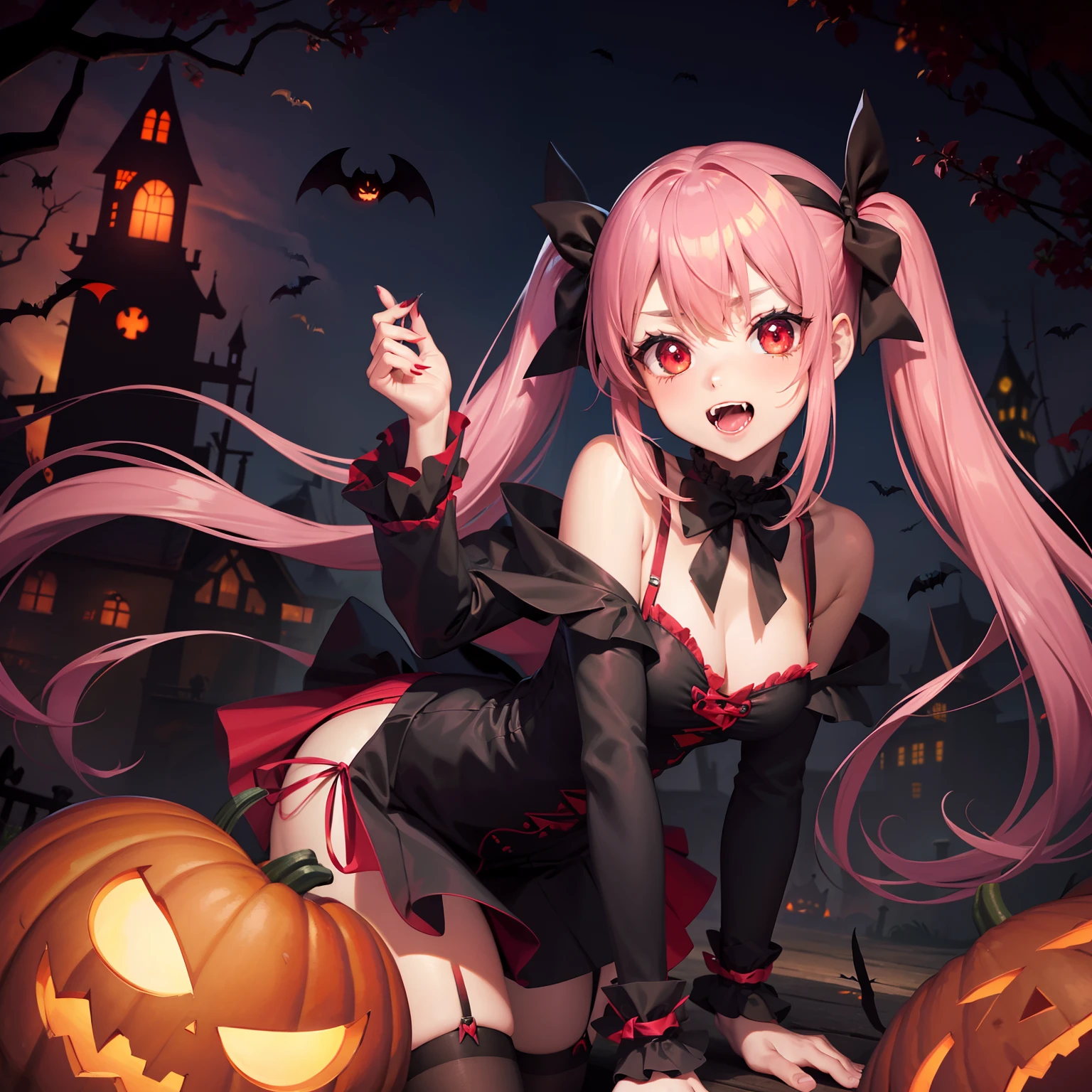 Halloween , Vampire、a cool、a miniskirt, long hair with pink twin tails,,,,,,, Looking at the viewer, Front view,Halloween Vampire Costumes、Sharp fangs、Red Eyes、Blood from the mouth、the bats、Vampire House、Pumpkin Obake、Obake