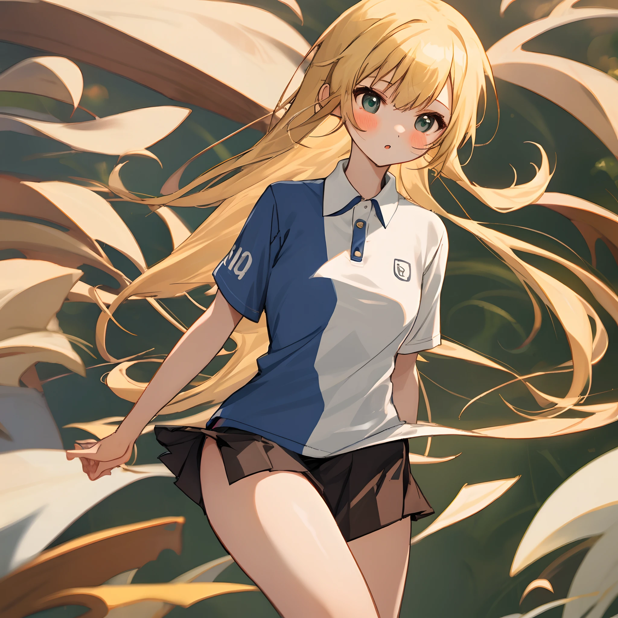 Long hear blonde hair Asian girl 18 year polo shirt short skirt