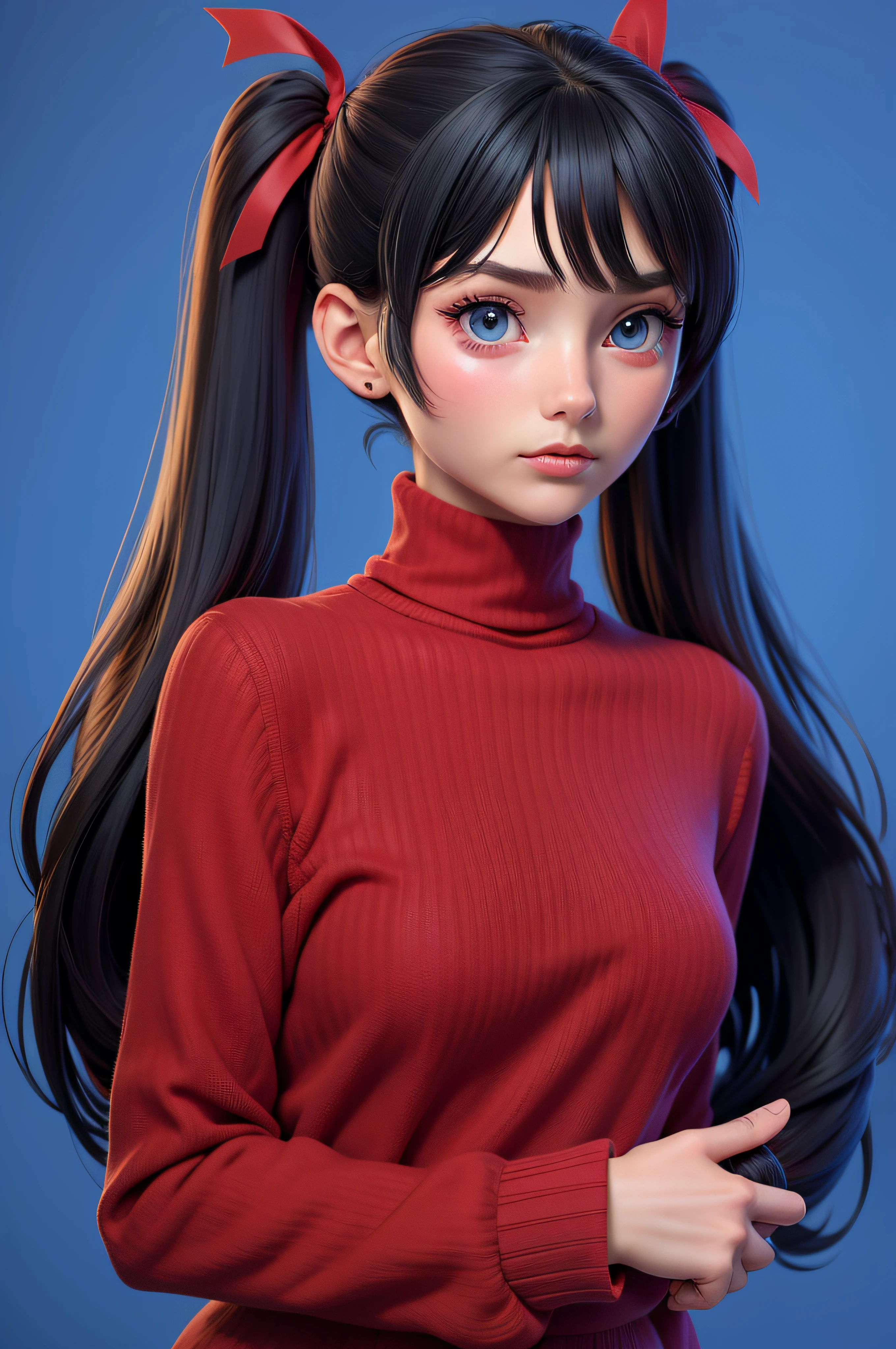 1girl, tohsaka rin, solo, long hair, sweater, red sweater, looking at viewer, blue background, black hair, simple background, two side up, turtleneck, blue eyes, lips, closed mouth, ribbon, hair ribbon, bangs, turtleneck sweater, upper body, parted bangs, black ribbon, ribbed sweater, twintails, nose,