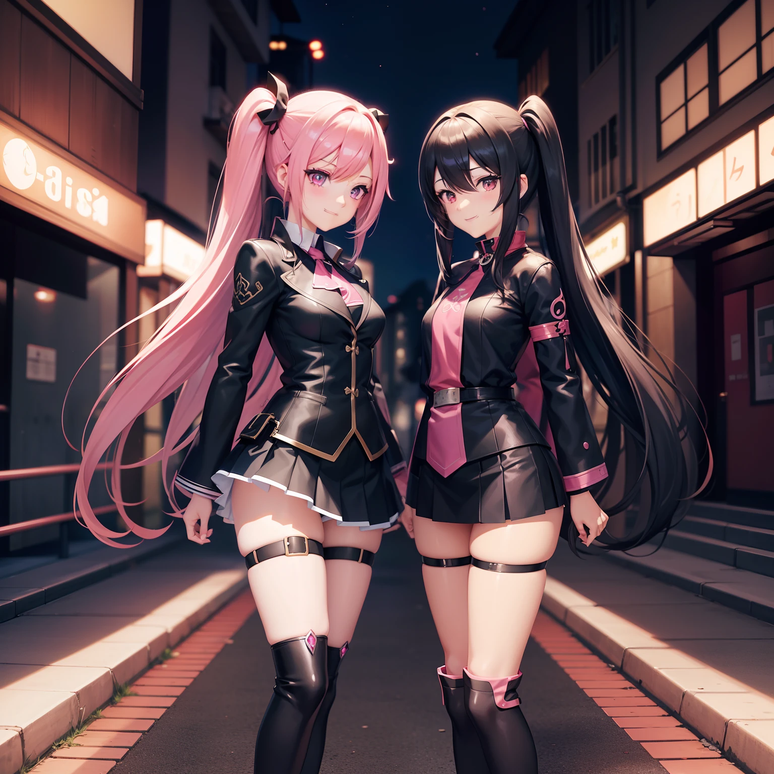 long hair with pink twin tails,、Black Skin Jean、Black miniskirt、full body Esbian、Cute smile、Urban townscape、chee, Detailed Digital Anime Art, digital anime art, cute detailed digital art, anime fantasy illustration, Premium Digital Anime Art, digital art in anime style, Anime Style 4k, Beautiful Anime Portrait, digital anime illustration, 2.5D CGI anime fantasy artwork, anime art wallpaper 4k