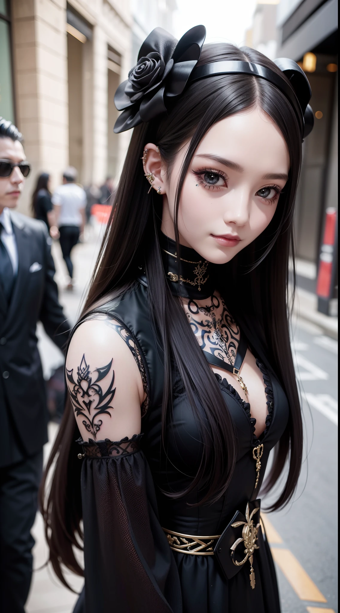 Full of tattoos、Futuristic and luxurious hair ornament、Street Goth ta Fashion、Gentle smile、very cool