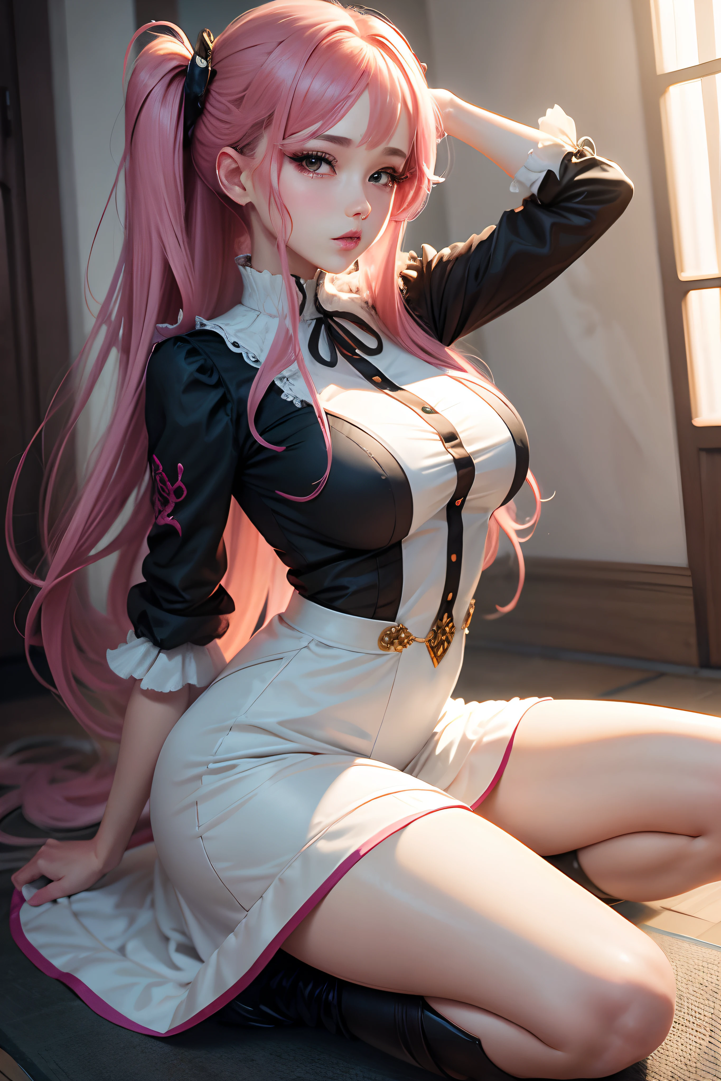 masterpiece,best quality,high resolution,8k,ultra HD,wallpaper,illustration,beautiful detailed eyes,perfect face,cowboy shot,beautiful detailed eyes,extremely detailed face,perfect lighting,extremely detailed CG,perfect hands,perfect anatomy,perfect body,perfect hands,perfect fingers,1woman,full body,,(muscle fighter:1.1),pink long hair, yellow eyes,large breasts,Medium ass,medium nipples,green white suit,white pencl skirt,clothed,,looking at viewer,sexy look pose,cameltoe,Steam,sweat,1person,sea,(Fate Grand Order)