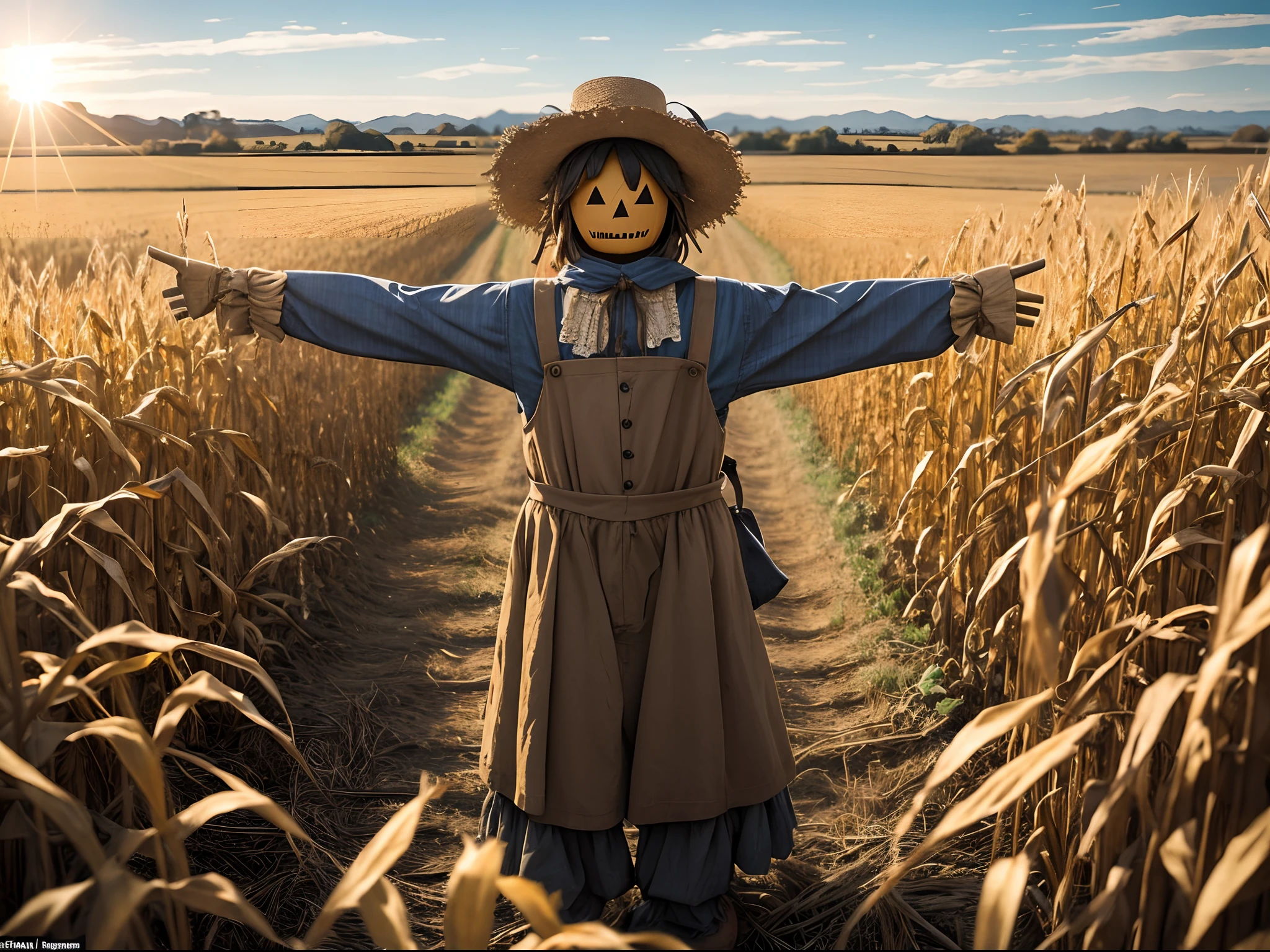 A traditional scarecrow, with outstretched arms and dressed in typical clothing, lifeless, in the background of the image, a sunlit cornfield