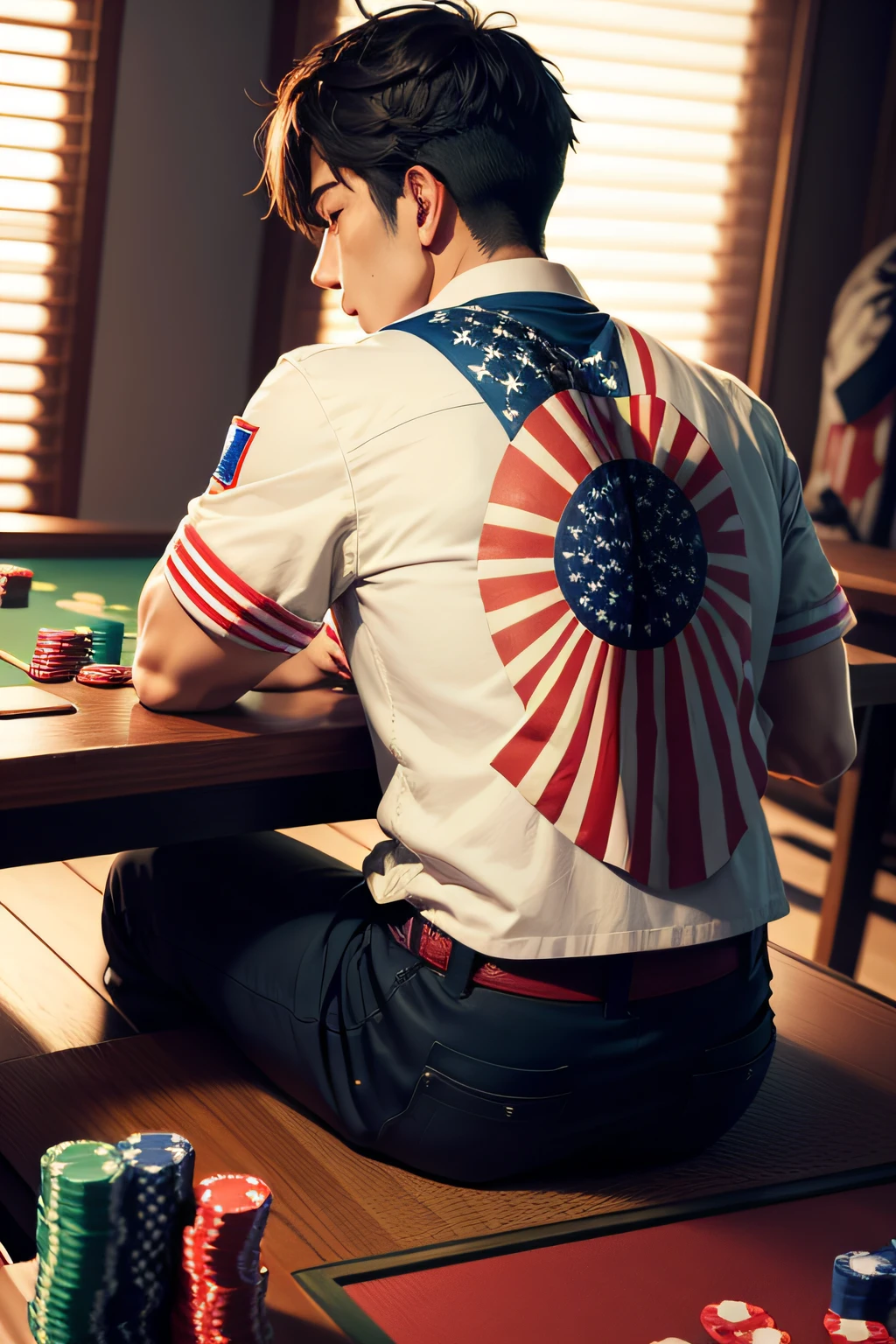 4k, Japanese hero with US flag , sits with his back, 24 years old, playing poker