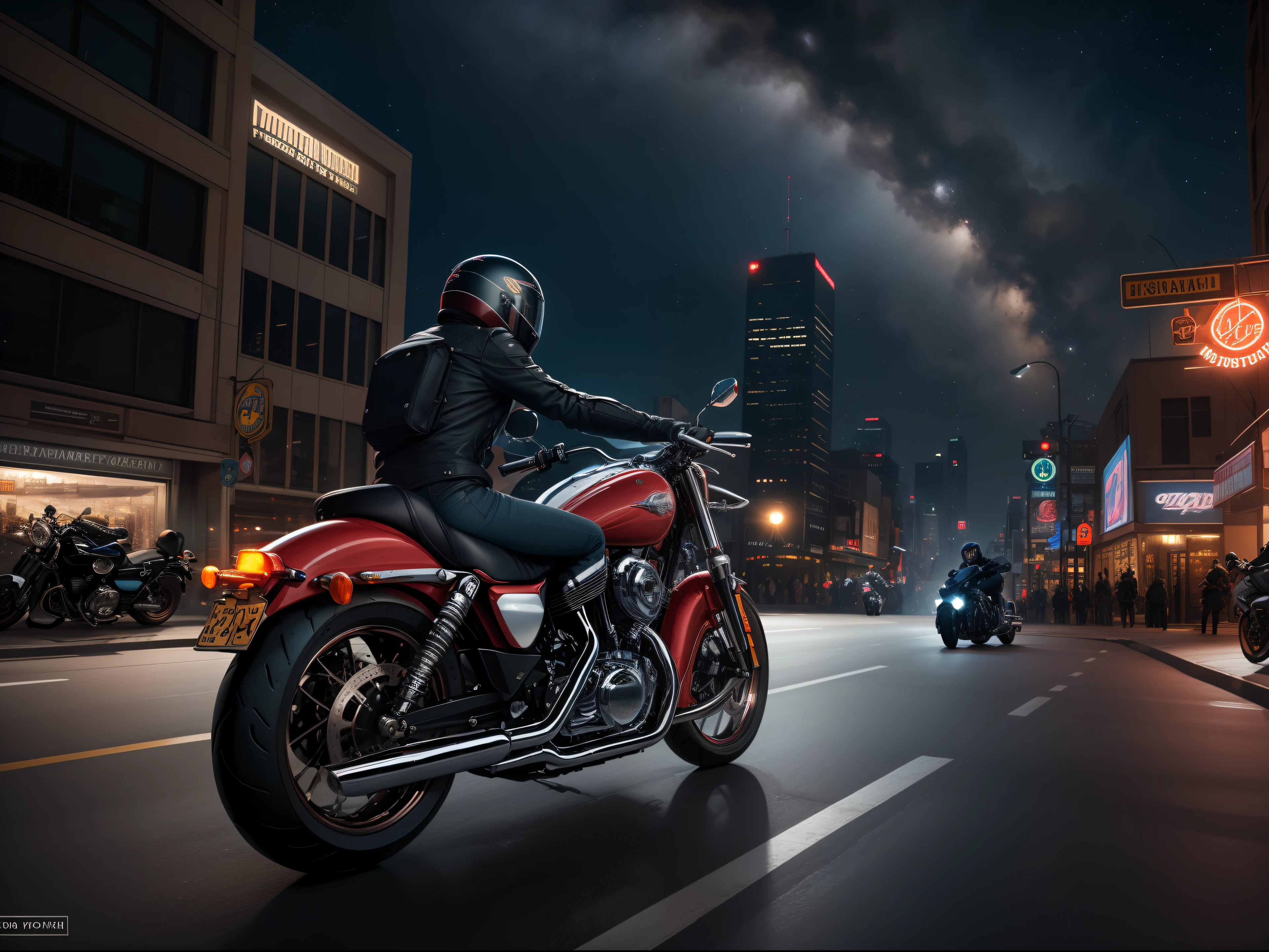 Create a highly detailed 8K representation of a motorcyclist riding a classic motorcycle through the streets of a futuristic metropolis. Highlight the starlight and dramatic shadows created by the cosmic dust hanging over the city."