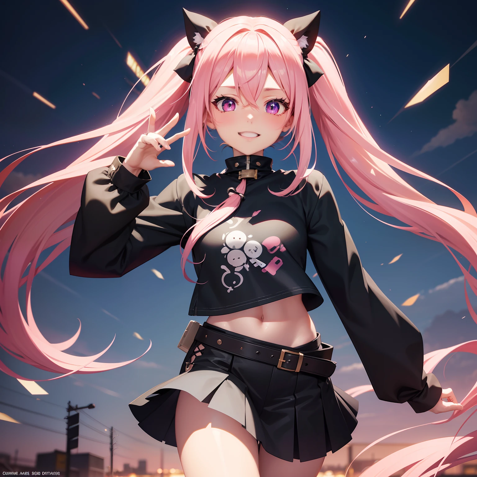 long hair with pink twin tails,,、Black Skin Jean、Black miniskirt、full body Esbian、Cute smile、Urban streetscape、独奏、chee, Detailed Digital Anime Art, digital anime art, cute detailed digital art, anime fantasy illustration, Premium Digital Anime Art, digital art in anime style, Anime Style 4k, Beautiful Anime Portrait, digital anime illustration, 2.5D CGI anime fantasy artwork, anime art wallpaper 4k