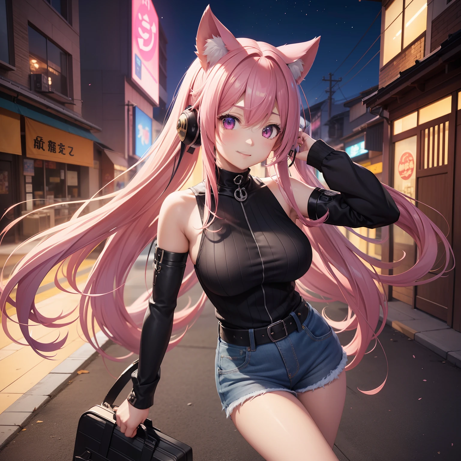 long hair with pink twin tails,,、Black Skin Jean、Black miniskirt、full body Esbian、Cute smile、Urban streetscape、独奏、chee, Detailed Digital Anime Art, digital anime art, cute detailed digital art, anime fantasy illustration, Premium Digital Anime Art, digital art in anime style, Anime Style 4k, Beautiful Anime Portrait, digital anime illustration, 2.5D CGI anime fantasy artwork, anime art wallpaper 4k