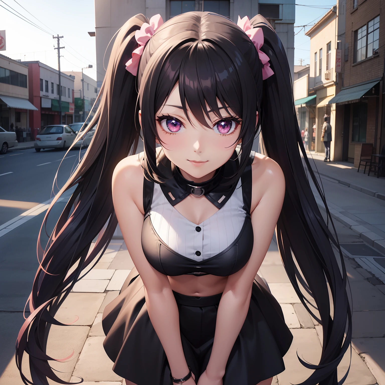 long hair with pink twin tails,,、Black Skin Jean、Black miniskirt、full body Esbian、Cute smile、Urban streetscape、独奏、chee, Detailed Digital Anime Art, digital anime art, cute detailed digital art, anime fantasy illustration, Premium Digital Anime Art, digital art in anime style, Anime Style 4k, Beautiful Anime Portrait, digital anime illustration, 2.5D CGI anime fantasy artwork, anime art wallpaper 4k