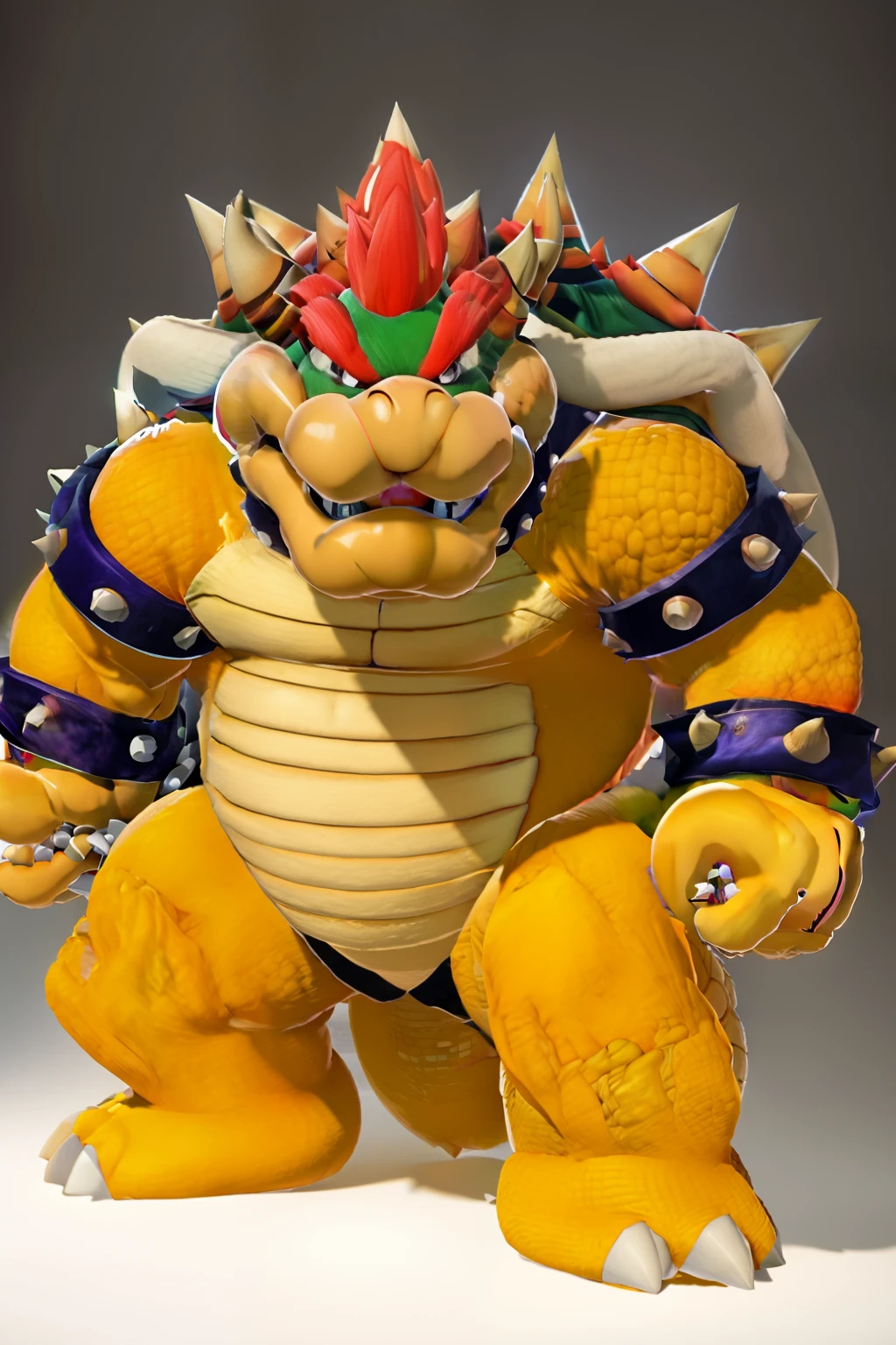 (best quality:1.2),ultra-detailed,(realistic:1.37),(vivid colors:1.1) Bowser standing, menacingly, in a dimly lit environment. The imposing figure of Bowser is beautifully rendered, with intricate details on his scales and spiky shell. His powerful and intense eyes are gleaming, while his sharp, fang-like teeth are finely textured. Bowser's claws are elaborately designed, reflecting light in a striking manner. The background is shrouded in shadows, creating an atmosphere of mystery and anticipation. The lighting accentuates Bowser's features, casting deep shadows and highlighting the contours of his muscular body. The color palette is rich and vibrant, with bold hues of red, orange, and black dominating the scene. The artwork is a true masterpiece, displaying the highest level of craftsmanship and skill.