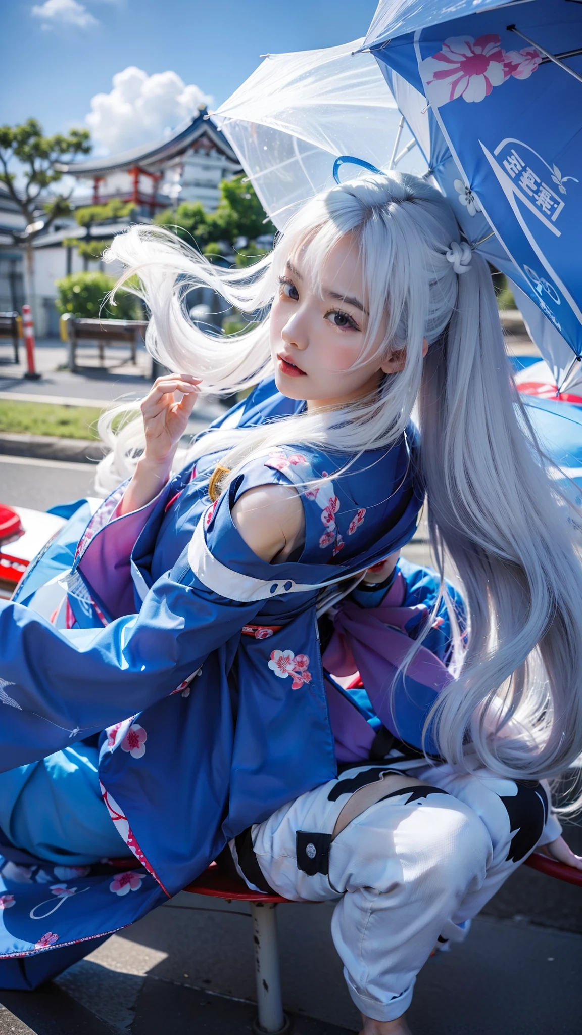 1girl, long hair, white hair, umbrella, Japanese girl, blue clothes, Japanese clothes, high quality, best anatomy