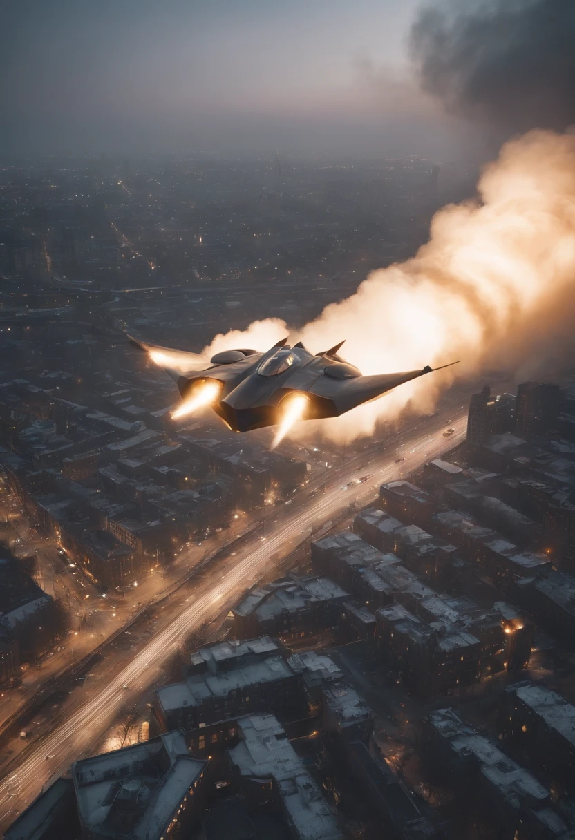 analog gloomy aerial photo of a (Burton Batwing, ), ((nighttime)), (flying low through a city on fire), (explosions on the ground), High Detail, Sharp focus, (photorealism), realistic, best quality, 8k, award winning, dramatic lighting, epic, cinematic, masterpiece, rim light, (action movie), war, depth of field, dutch angle, motion blur,