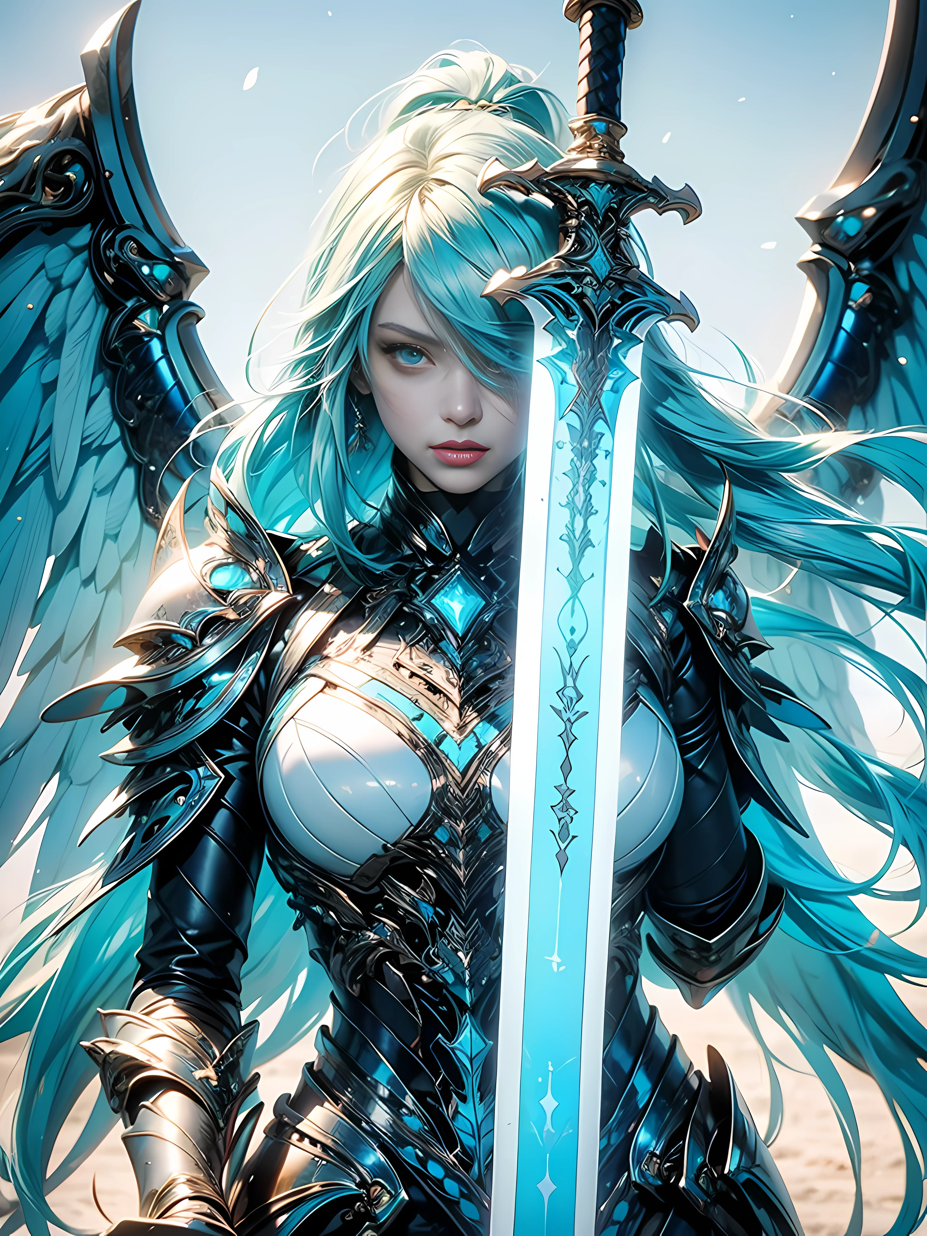 (hailoknight, Solo, 1girl wearing blue armor, beautiful turquoise eyes, long white hair,  turquoise wings, holding giant turquoise energy sword infront of her, holding sword:1.3), (simple glowing background:1.25)masterpiece, best quality, wide-angle, Hyperdetailed, masterpiece, best quality, 8k, natural lighting, soft lighting, sunlight, HDR (High Dynamic Range), Maximum Clarity And Sharpness, Multi-Layered Textures