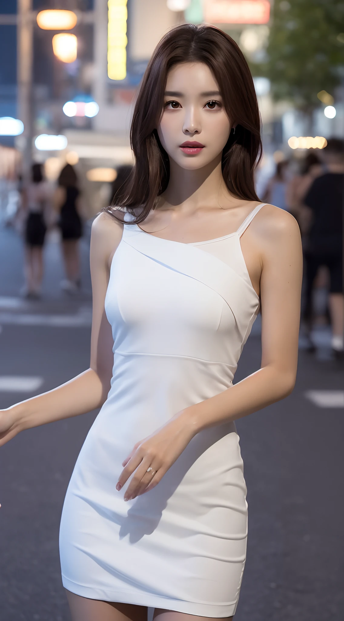 ((Realistic lighting, Best quality, 8K, Masterpiece: 1.3)), Clear focus: 1.2, 1girl, Perfect body beauty: 1.4, Slim abs: 1.1, ((dark brown hair)), (White dress: 1.4), (Outdoor, night: 1.1), City Street, Super Fine Face, Fine Eyes, Double Eyelids, showing bra from shirt transparent (Over the knee black stockings: 1.5)
