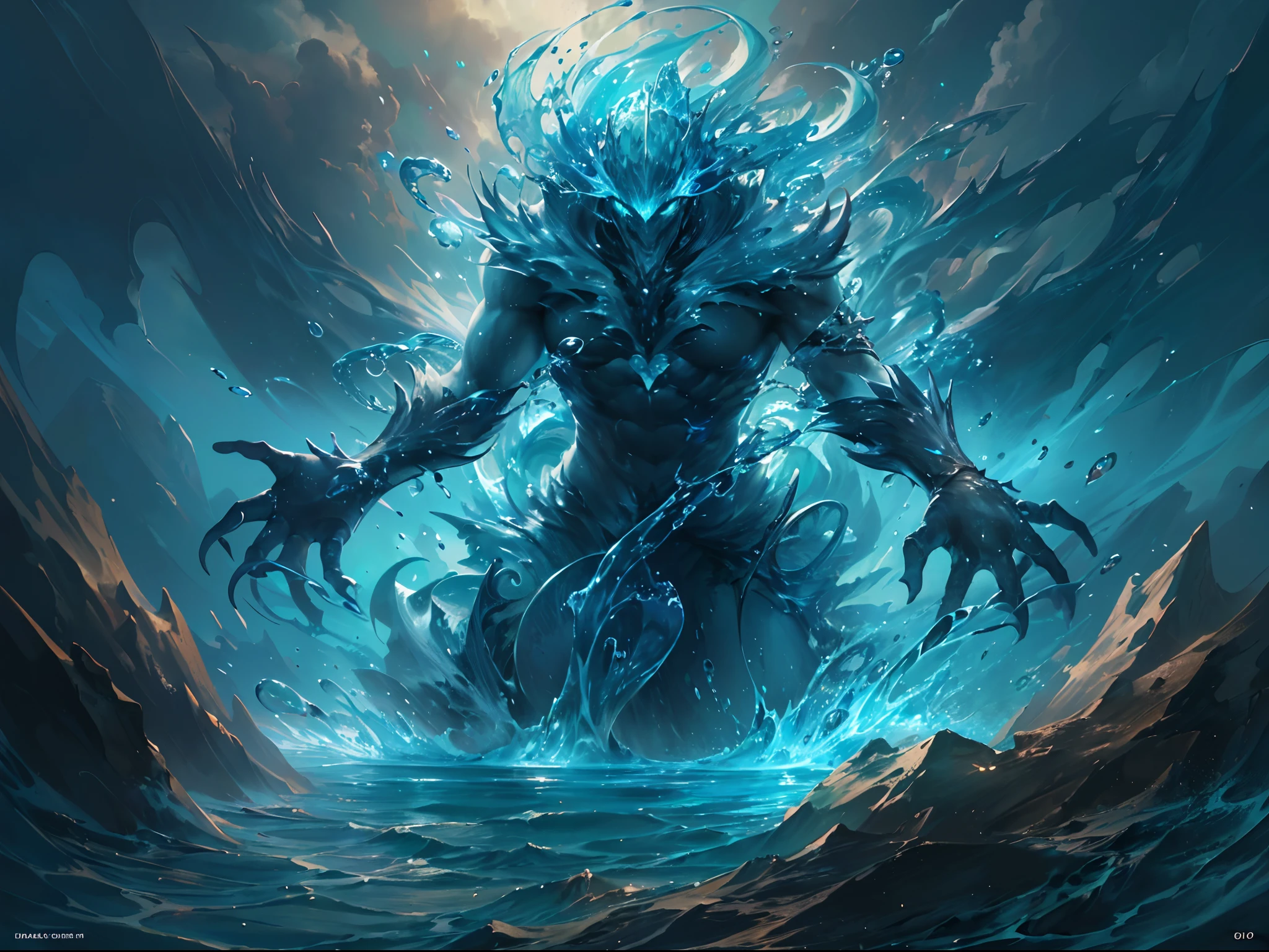 4k realistic, (water elemental, humanoid body made out of water:1.2) sapphire aesthetic, full body, sky background, fantasy art, being made of water, water body, water monster, male, male elemental, masculine