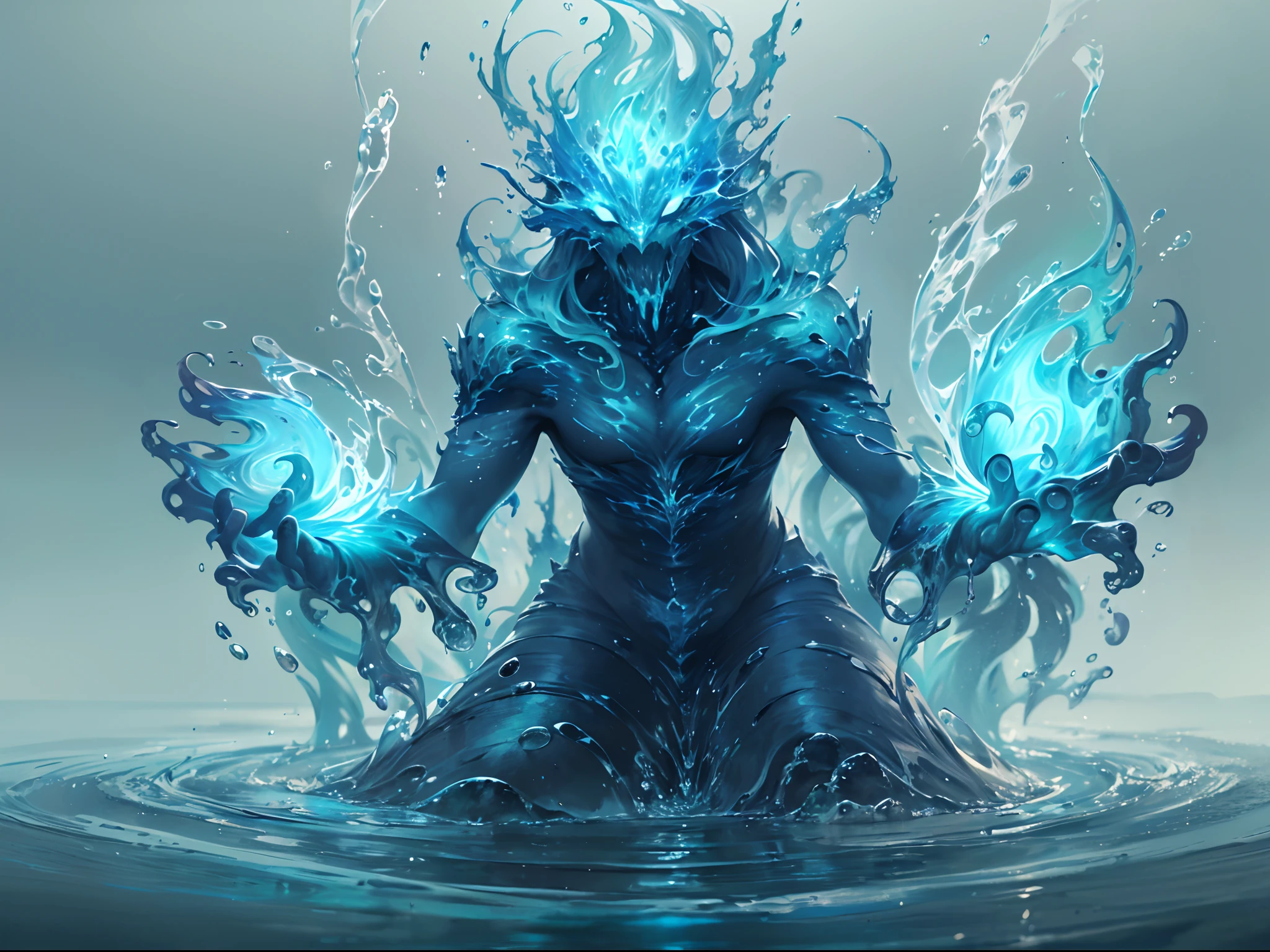 Giant God Soldier made of water element, water element, giant thing, made of water, water texture, legendary elemental creature, blue water element, fantasy divine energy creature, giant god soldier, water, water element, amazing momentum, glowing blue eyes gaze at the viewer,Upward viewing angle