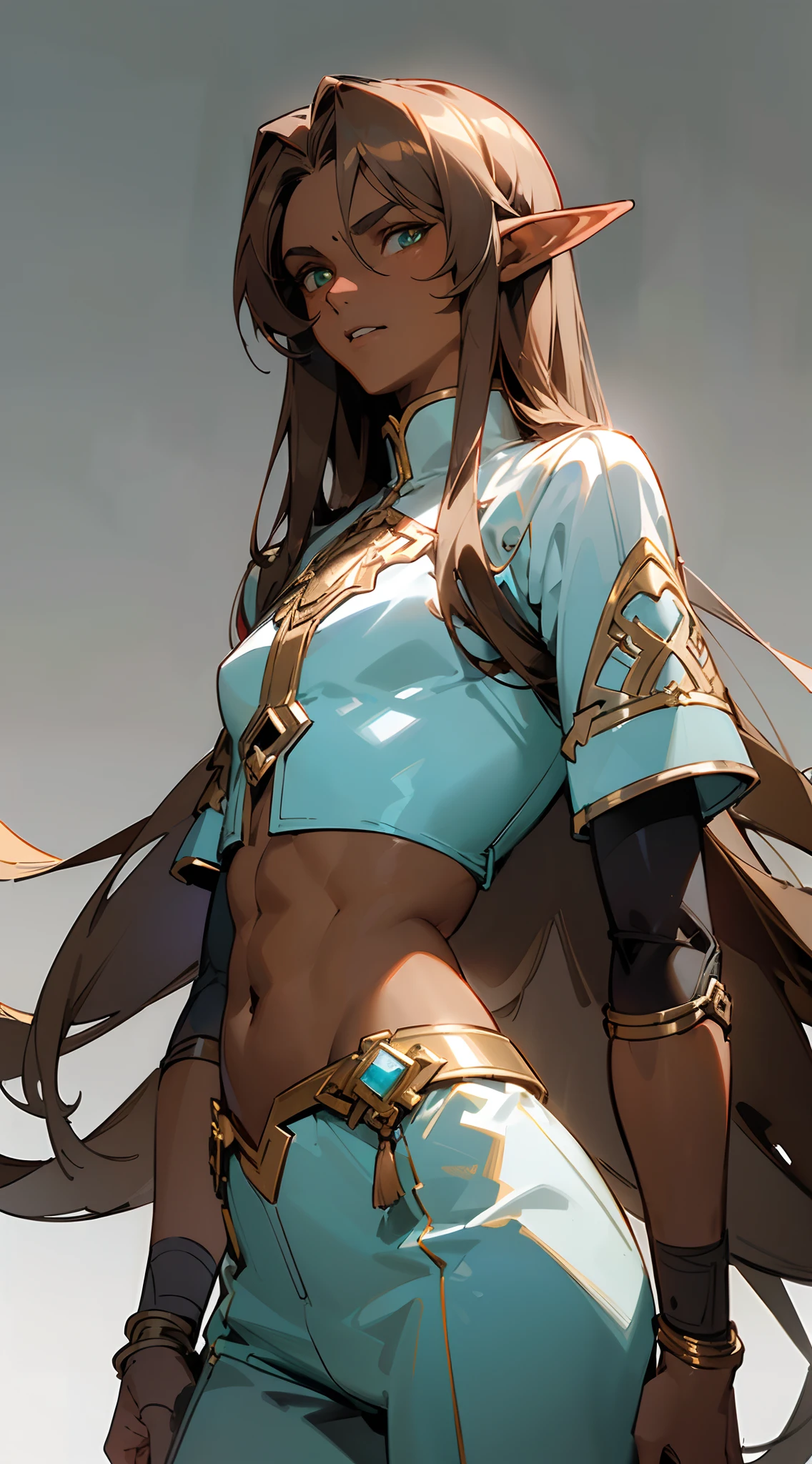 ((Beautiful man:1)) , ((Dark skin:1.5)) , (( Extremely long hair)) , ((Brown hair)) , ((male:1.4)) , full lips , Green eyes , ((has black Tiger ears:1)) , ((Crop top:1)) , ((Skinny build)) ,effeminate , age 32
Wearing a golden top , golden choker , red and black waist wrap , metal golden rings around thighs, black high heel boots , hoop earrings, golden accessories,