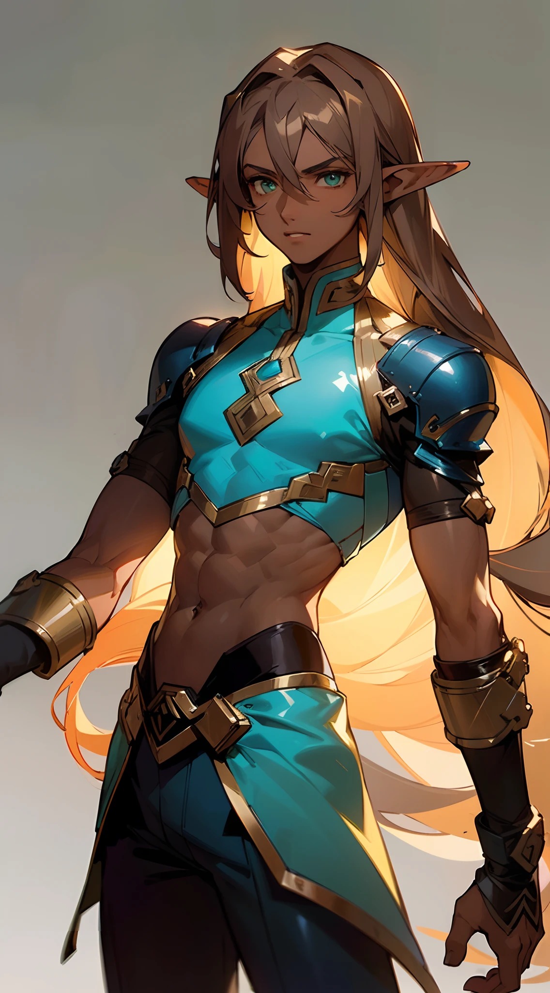 (masterpiece, best quality:1.3),beautiful detailed glow,best illuminate,(((best quality,textile shading,ultra detailed))),extremely detailed CG unity 8k wallpaper,Highly Detailed beautiful and aesthetic,best light,high resolution,detailed,dynamic lighting , mix of sword art online and futuristic style clothes , ((gray background)) , ((wearing the colors white, gold and blue:1 )), ((Beautiful man:1)) , ((Dark skin:1.5)) , (( Extremely long hair)) , ((Brown hair)) , ((male:1.4)) , full lips , pastel Green eyes , ((half elf ears:1)) , ((Crop top:1)) , ((Skinny build)) ,effeminate , age 32