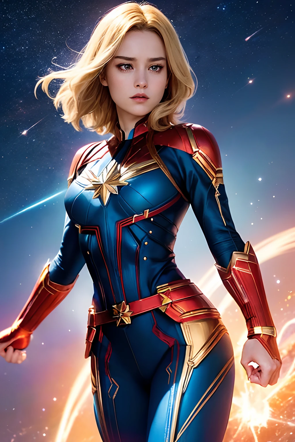 (masterpiece, best quality, photorealistic, cinematic, ultra-detailed, 8k), (sexy girl), ((perfect body, perfect anatomy, nice hands, medium cleavage, long round legs, round ass)), (fighting stance), (imagine Brie Larson as Captain Marvel, radiating an aura of cosmic power and confidence), (her golden-blonde hair flows with an ethereal glow, framing her strong yet delicate features), (her cobalt-blue eyes gleam with an otherworldly intensity, hinting at the vast cosmic energies coursing through her).
(Captain Marvel's distinctive red and gold suit fits her like a second skin, accentuating her athletic and powerful physique), (the red sash that drapes around her waist flutters with an almost surreal sense of movement, hinting at her incredible speed and agility).
(her star-emblazoned chest plate gleams with a brilliant, metallic sheen, and the iconic gold star symbol at its center shines with a radiant luminescence), (the suit's sleek design and intricate details highlight her status as a cosmic protector).
(Brie Larson's expression exudes determination and strength, with a hint of a confident smile on her lips), (her strong jawline and high cheekbones emphasize her unwavering resolve).
(Captain Marvel's outstretched hands, adorned with glowing energy gauntlets, crackle with cosmic power, ready to unleash her photon blasts), (her boots, sleek and practical, seem to defy gravity, emphasizing her ability to soar through the skies and across the cosmos).
(behind her, a backdrop of swirling interstellar nebulae and cosmic energies further reinforces her connection to the vastness of the universe and the immense power she wields as Captain Marvel)