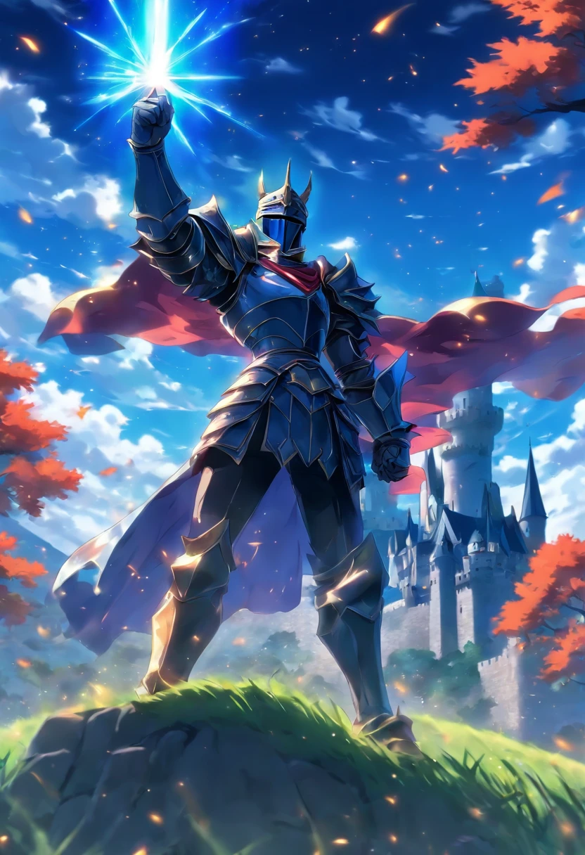 anime knight prince with cape doing a victory pose with his hand in the air, standing on a grassy hill in front of a castle